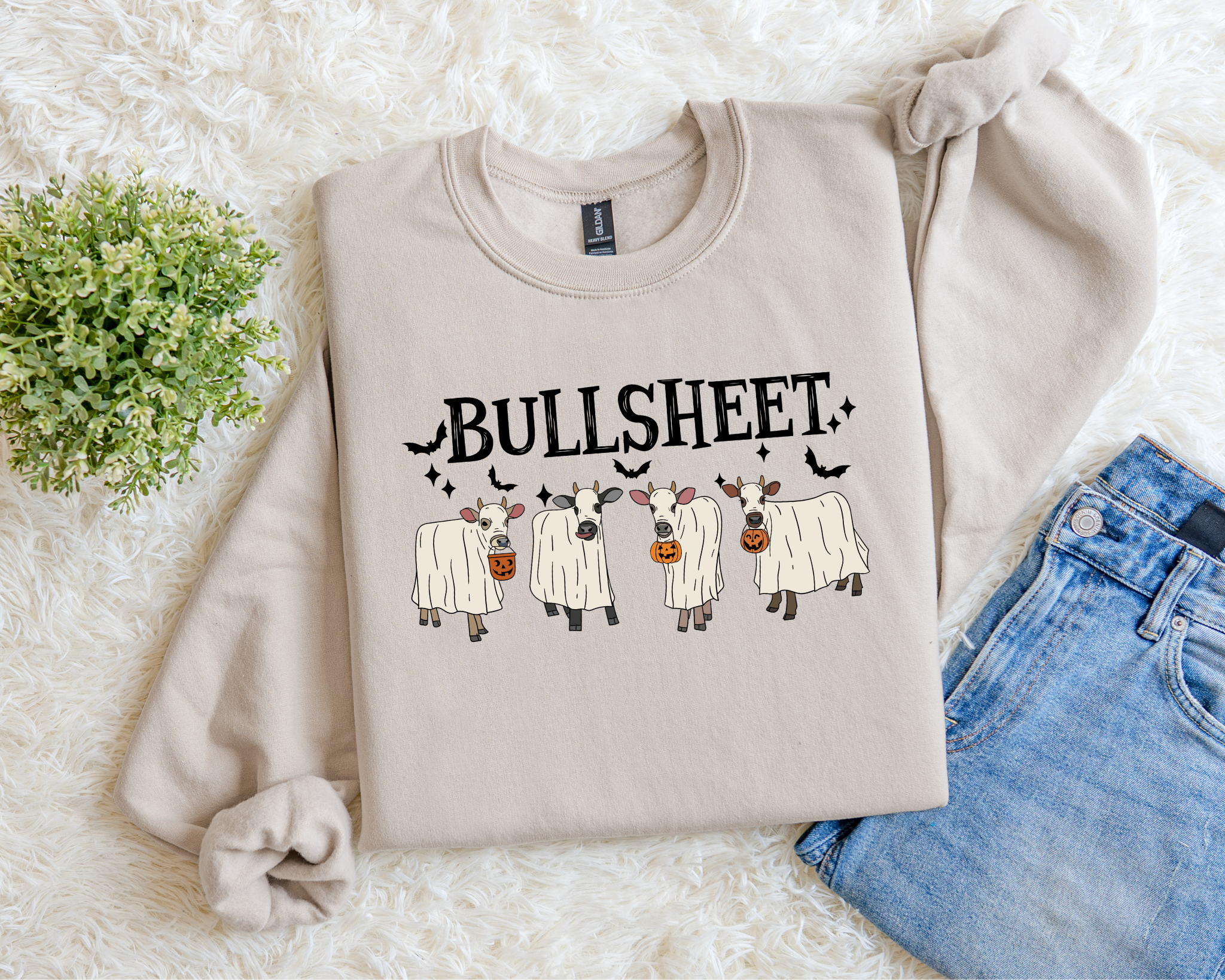 BULLSHEET Halloween Sweatshirt – Funny Farm Ghost Cow Crewneck