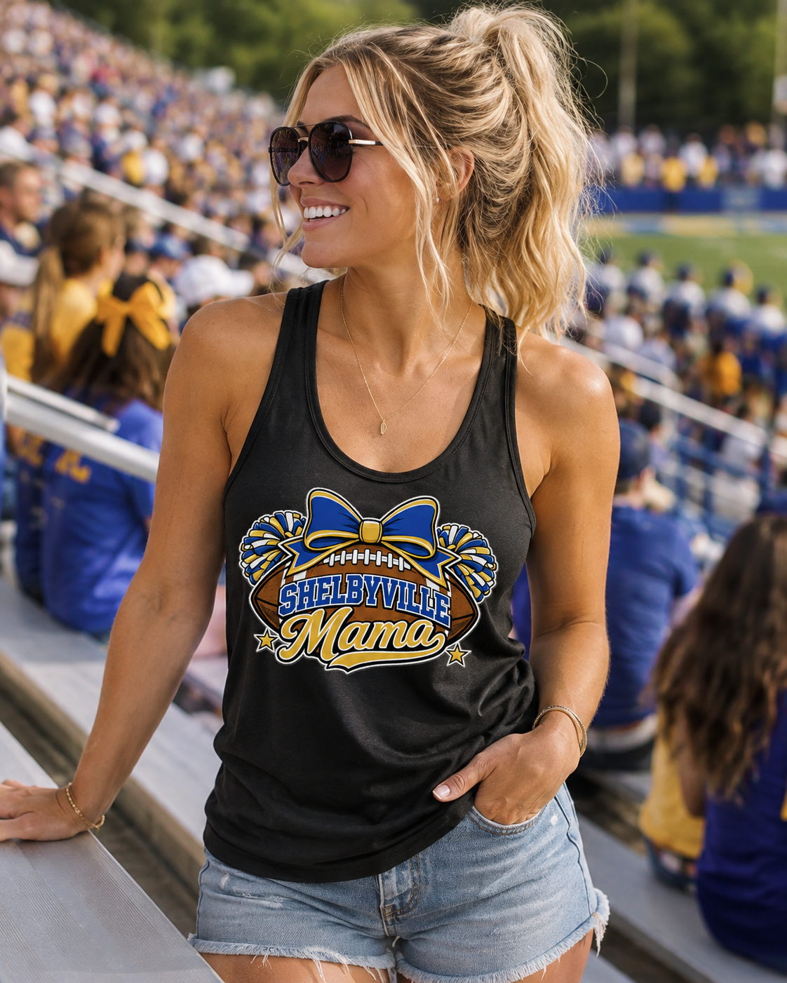 Shelbyville Mama Football Racerback Tank | Blue & Gold Game Day Tank