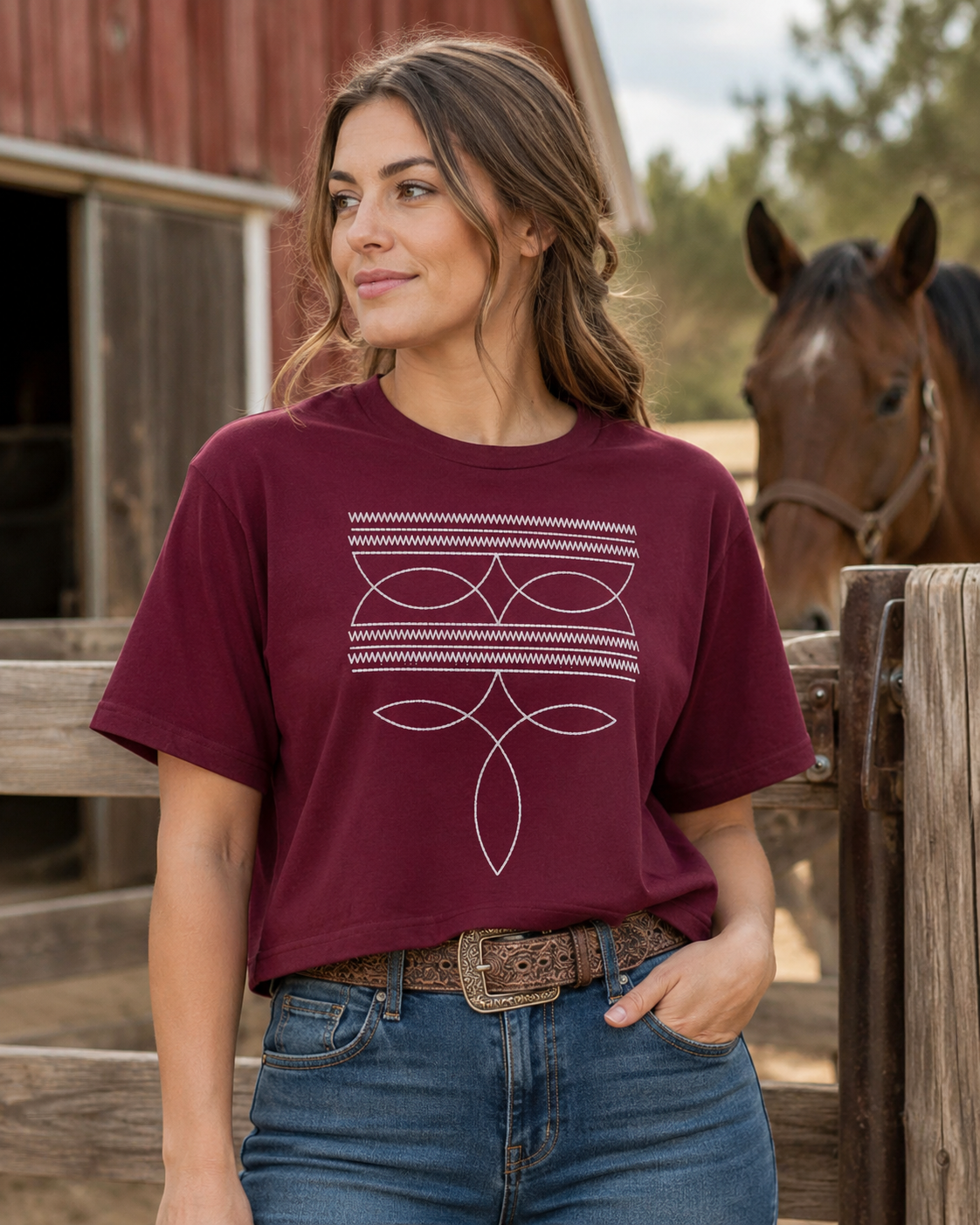 Western Bootstitch Boxy Tee - Minimal Cowgirl Graphic Shirt - Women’s Fine Jersey Mid-Length Boutique Tee
