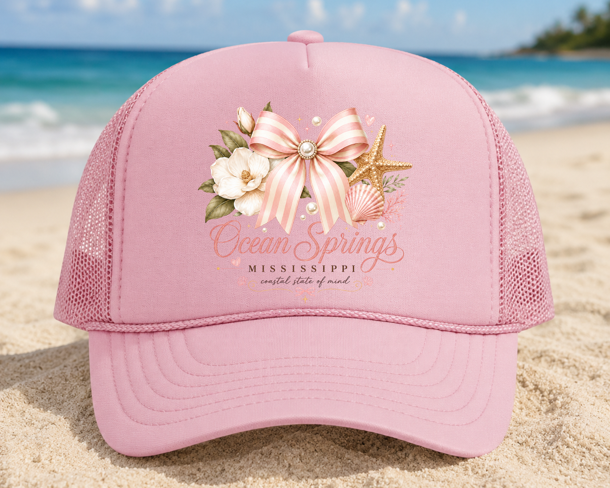 Ocean Springs Mississippi Foam Trucker Hat | Coastal Bow Graphic Mesh Cap | Beach Souvenir Hat