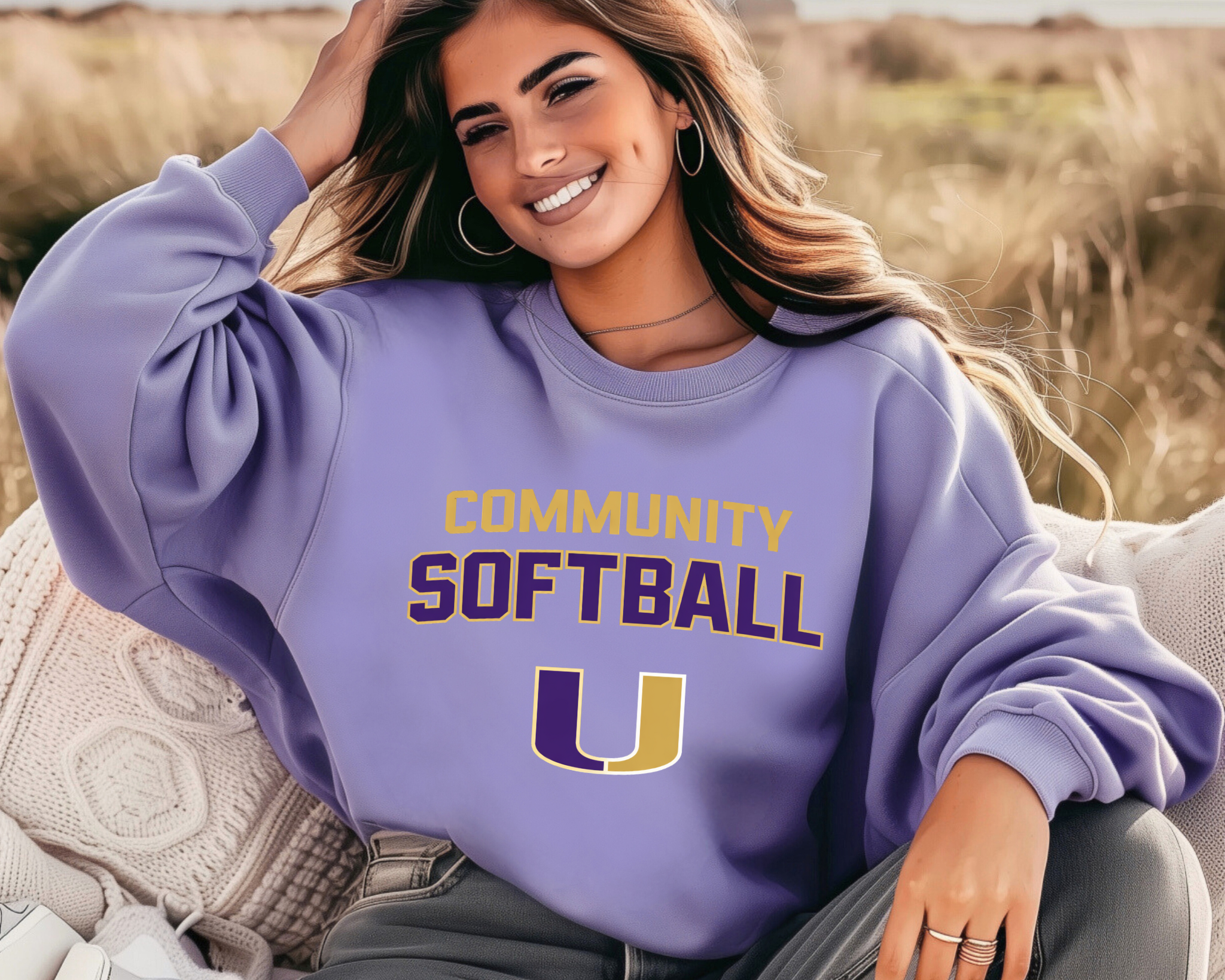 Comfort Colors Community Softball Crewneck Sweatshirt | Purple + Gold Collegiate “U”
