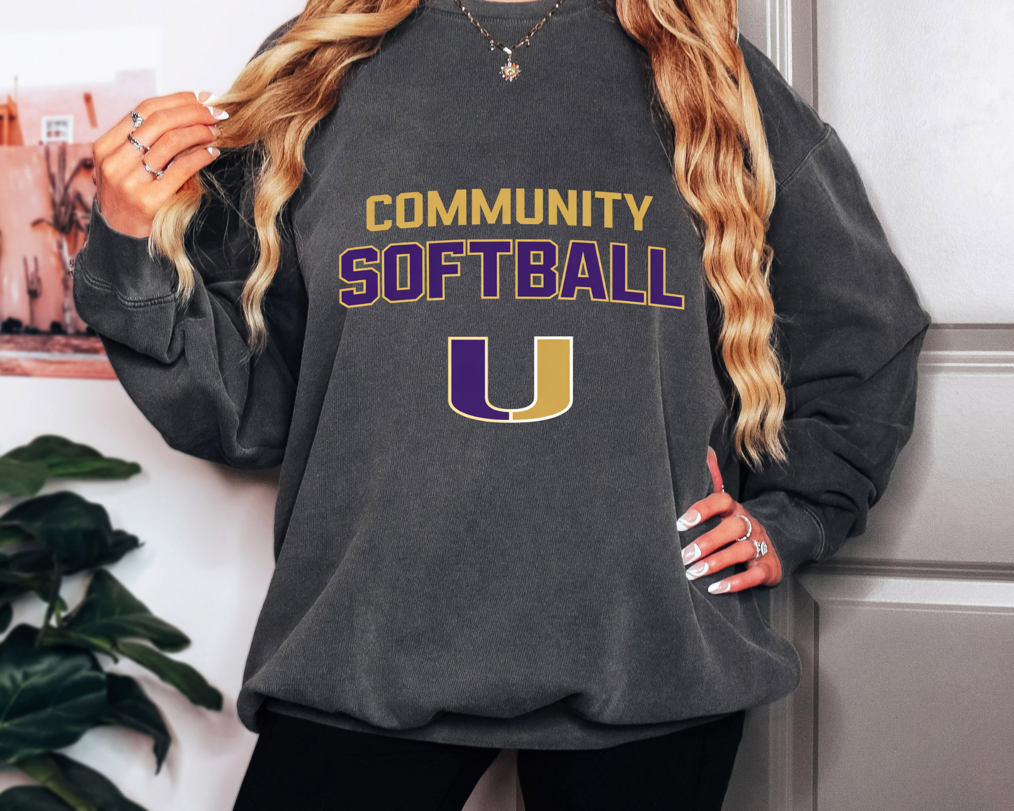 Comfort Colors Community Softball Crewneck Sweatshirt | Purple + Gold Collegiate “U”