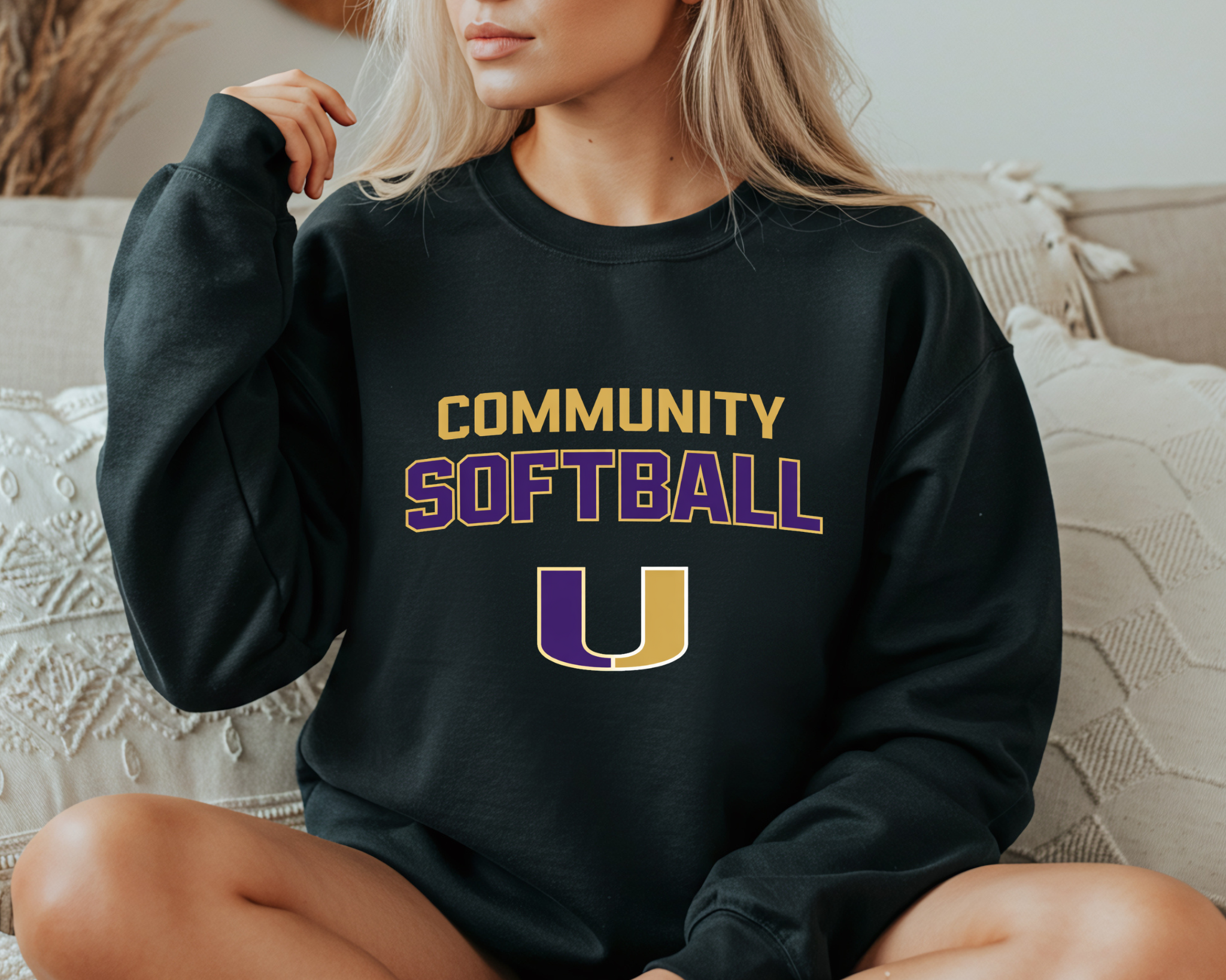 Community Softball Crewneck Sweatshirt | Purple + Gold Collegiate “U” Design