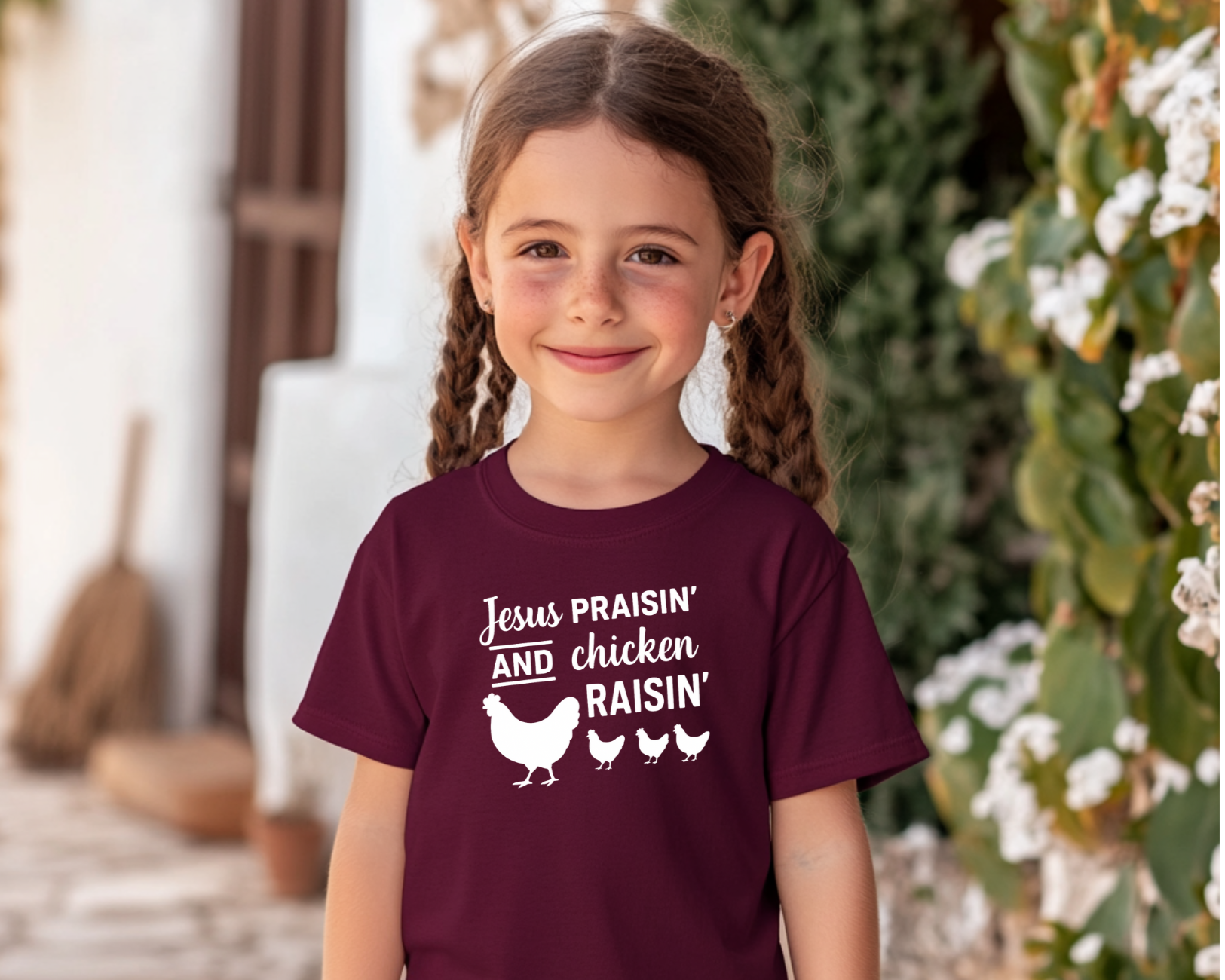 Jesus Praisin’ and Chicken Raisin’ Youth T-Shirt – Farm Life Faith Tee for Kids