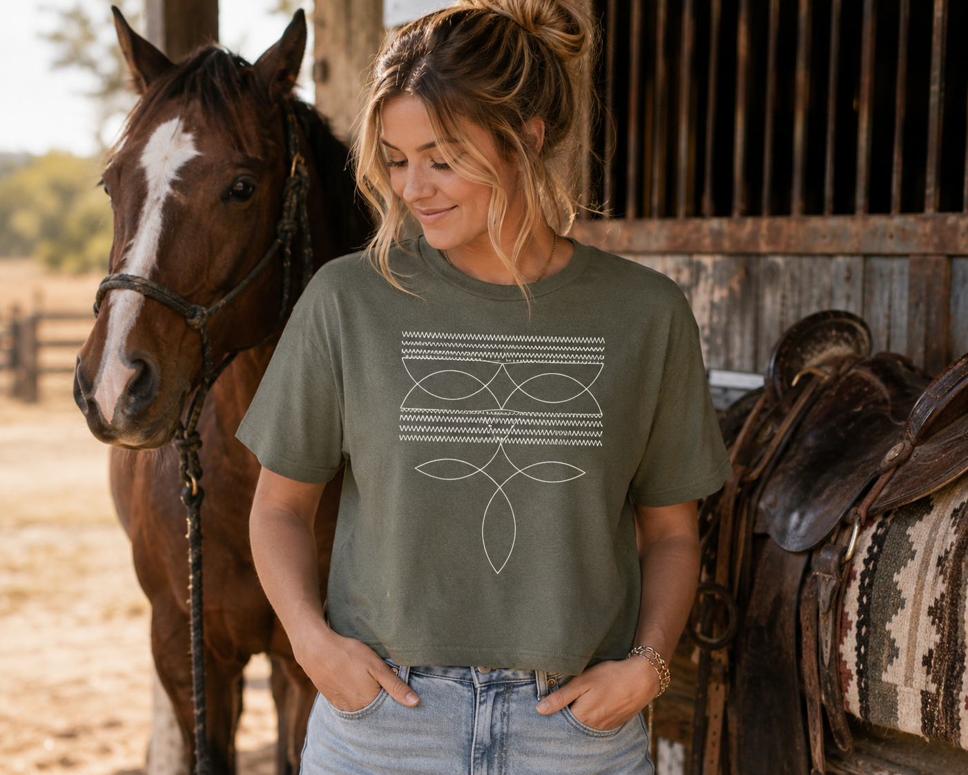 Western Bootstitch Boxy Tee - Minimal Cowgirl Graphic Shirt - Women’s Fine Jersey Mid-Length Boutique Tee