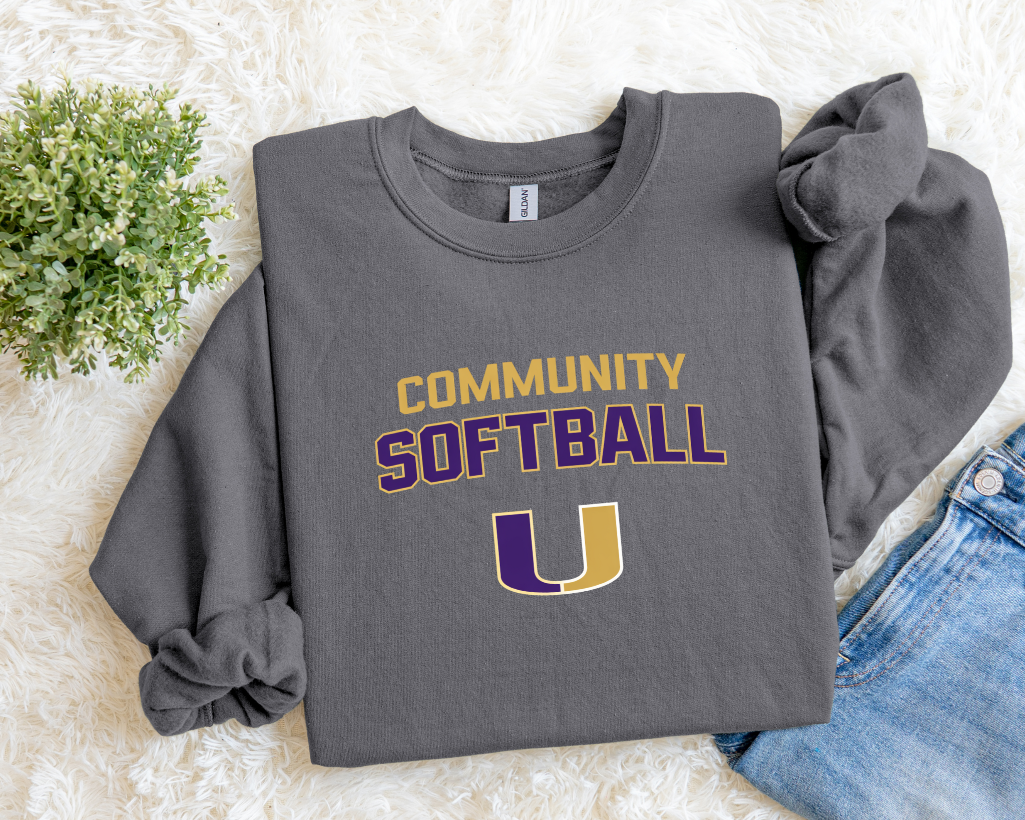 Community Softball Crewneck Sweatshirt | Purple + Gold Collegiate “U” Design