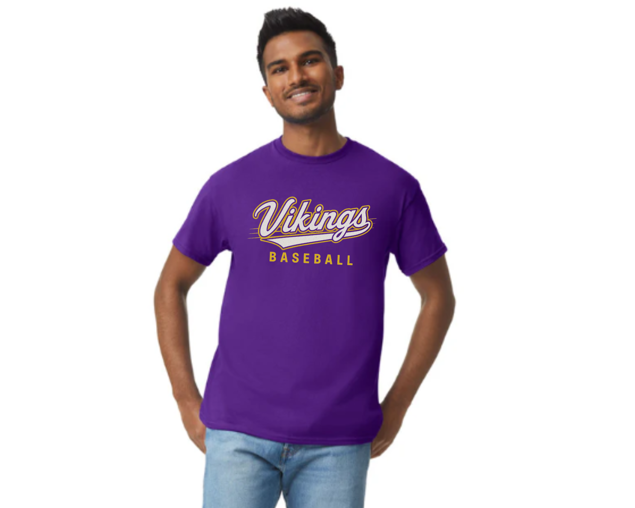Vikings Baseball Script Line Tee | Purple & Gold Game Day Shirt