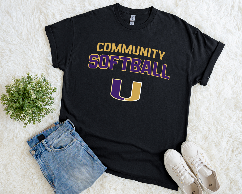 Community Softball Black Tee | Purple + Gold Front + Jennie Finch “Work Harder” Quote Back