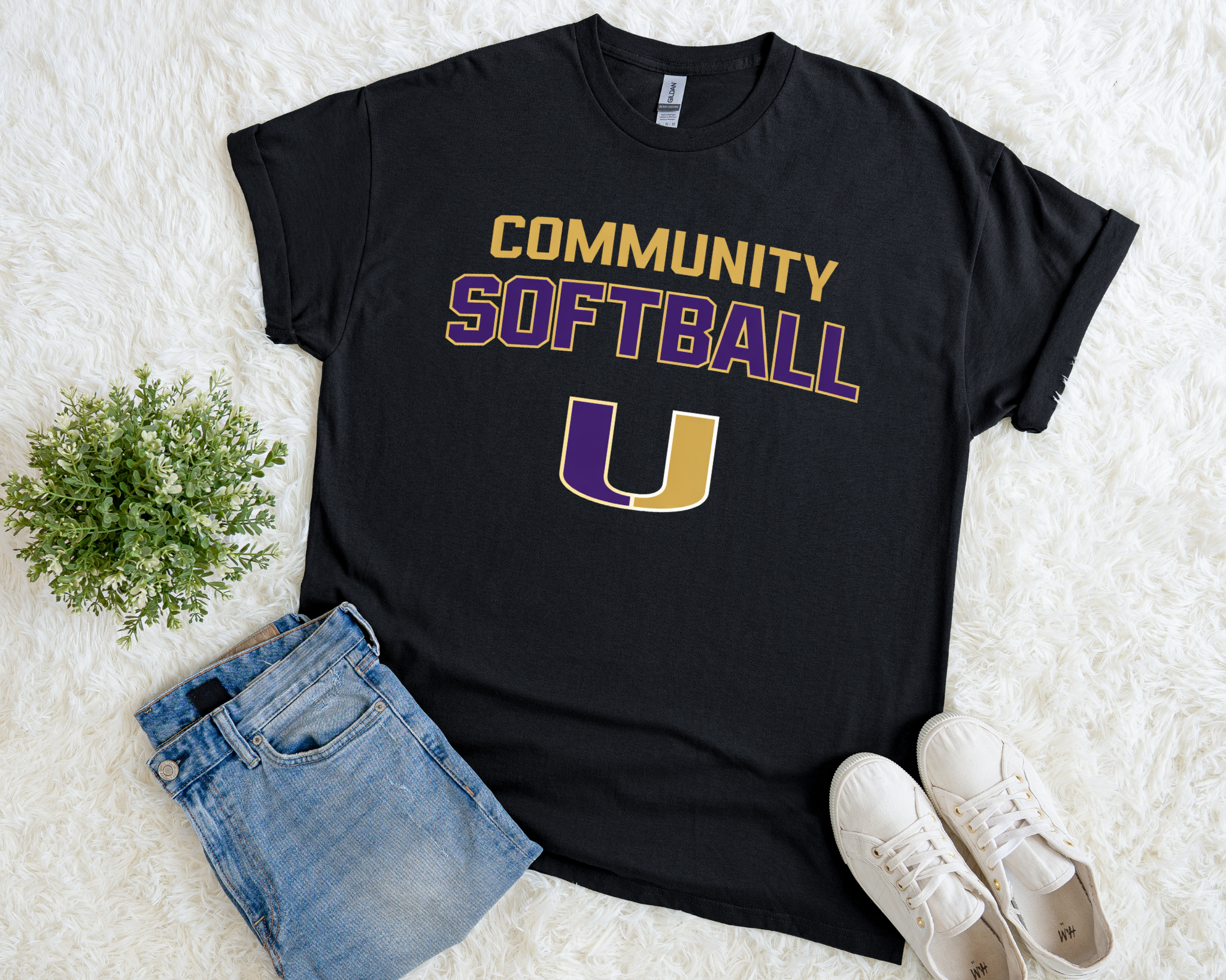 Community Softball Black Tee | Purple + Gold Front + Jennie Finch “Work Harder” Quote Back