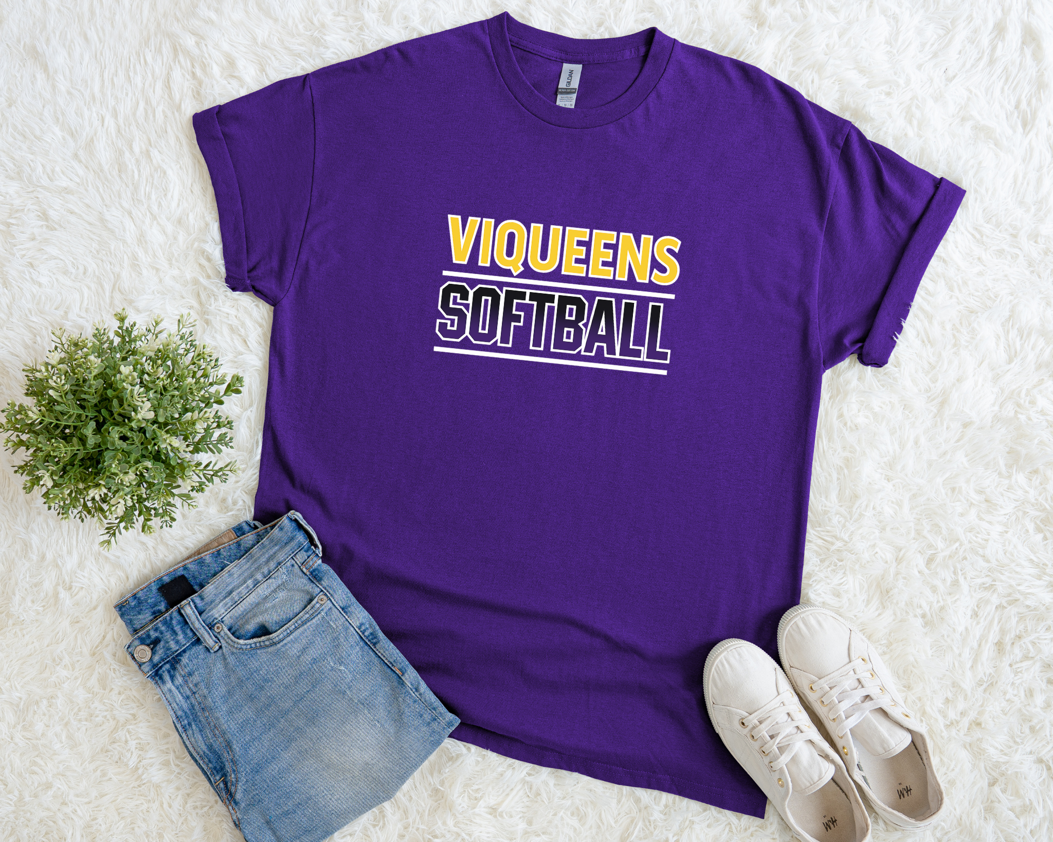 Viqueens Softball T-Shirt | Purple & Yellow Block Letter Tee