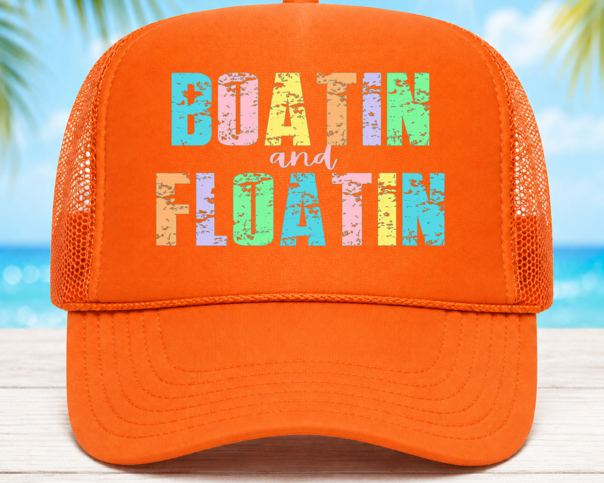 Boatin’ and Floatin’ Foam Trucker Hat | Summer Lake Graphic Mesh Cap | Boat Day Vacation Hat
