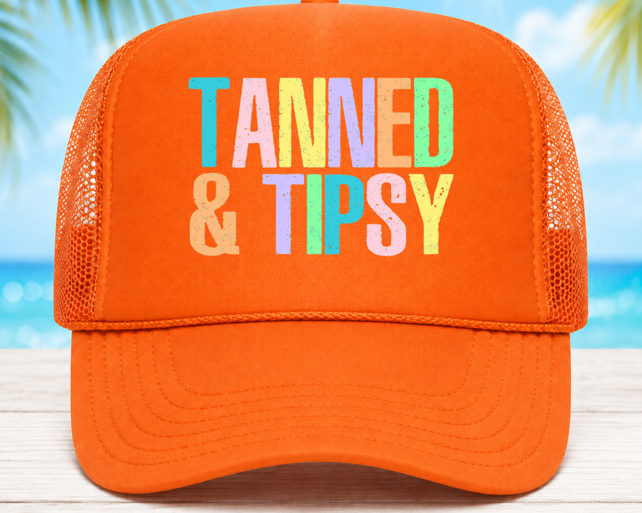 Tanned & Tipsy Foam Trucker Hat | Summer Party Graphic Mesh Cap | Bright Vacation Beach Hat