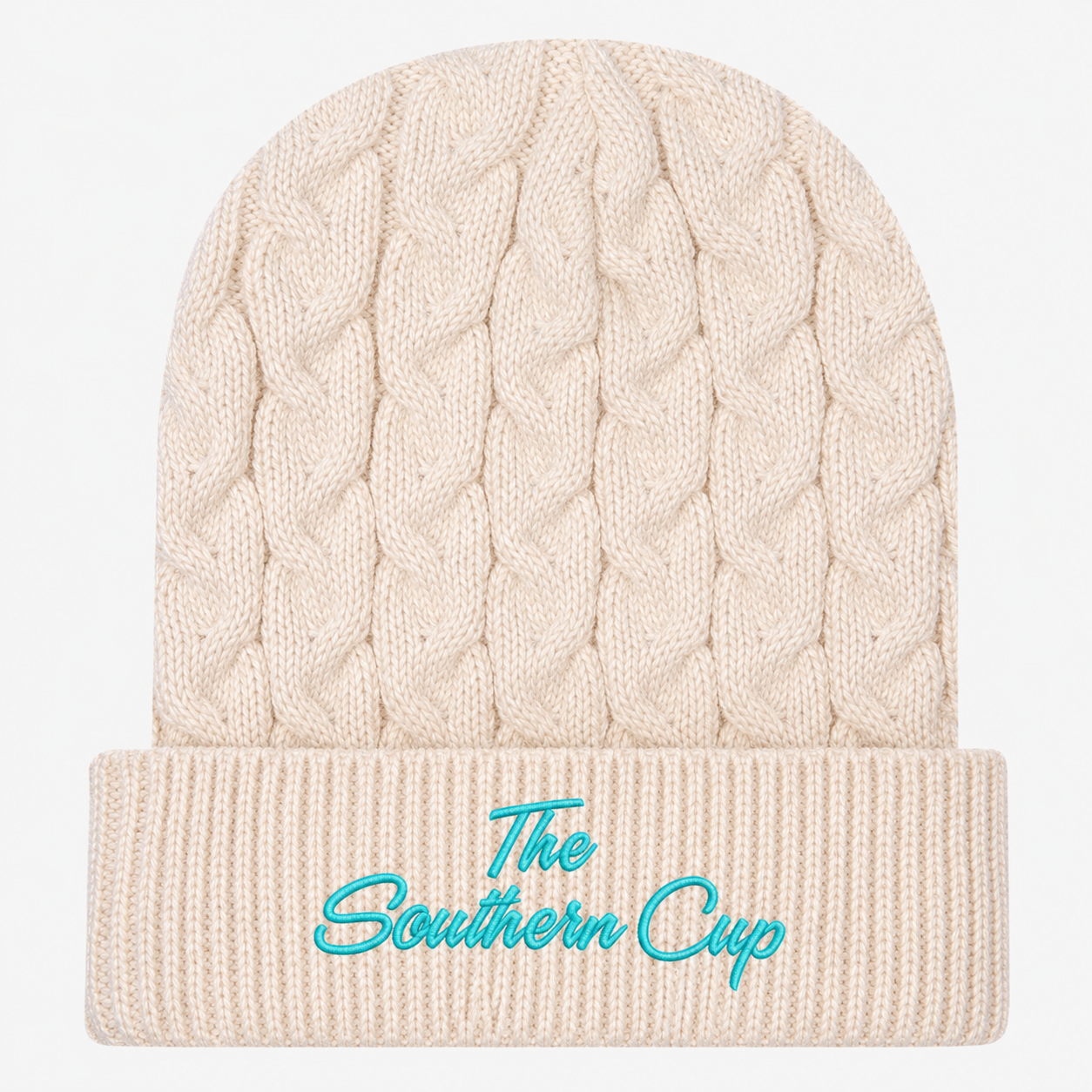 The Southern Cup Turquoise Script Embroidered Cable Knit Beanie | 12" Rib Cuff Winter Hat