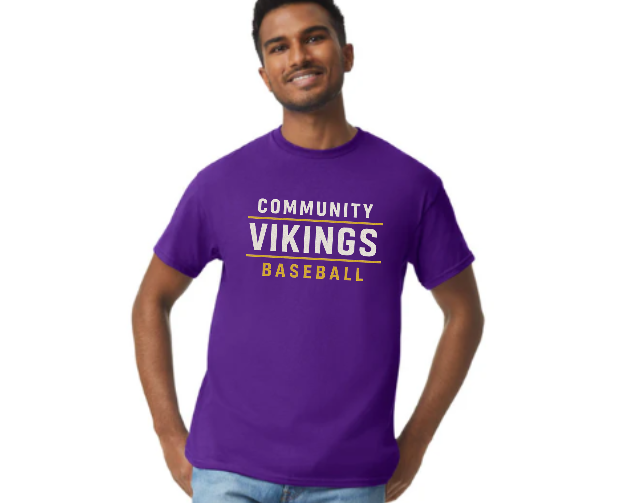 Community Vikings Baseball Block Tee | Bold Purple & Gold Team Shirt