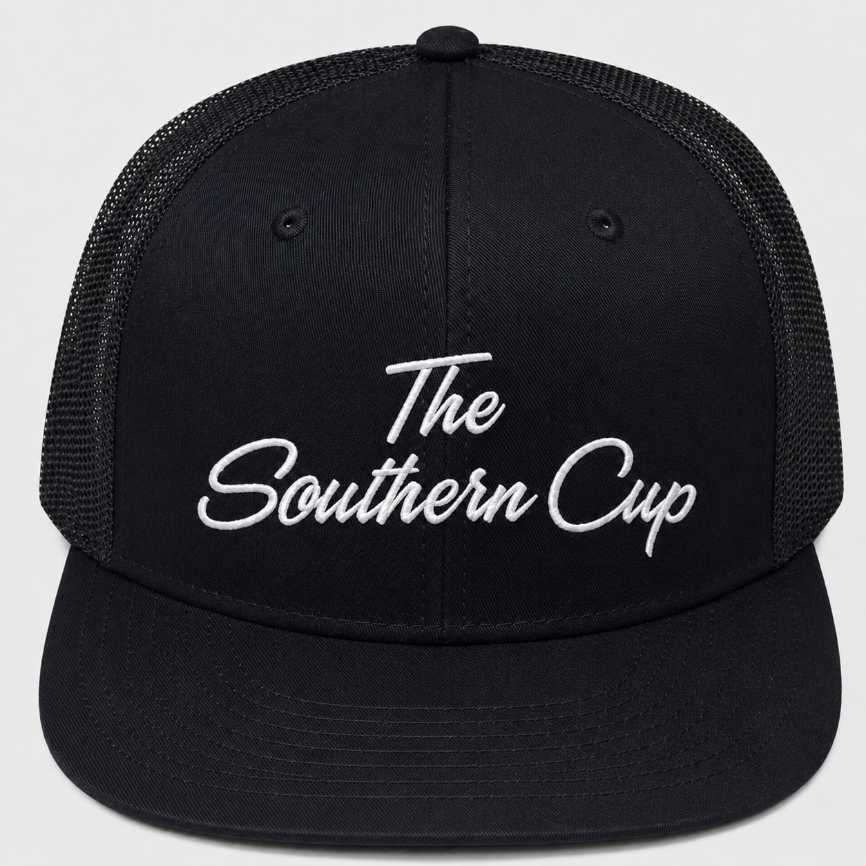 Southern Cup Script Logo Embroidered Black Mesh Trucker Hat | OTTO CAP® 6 Panel Snapback