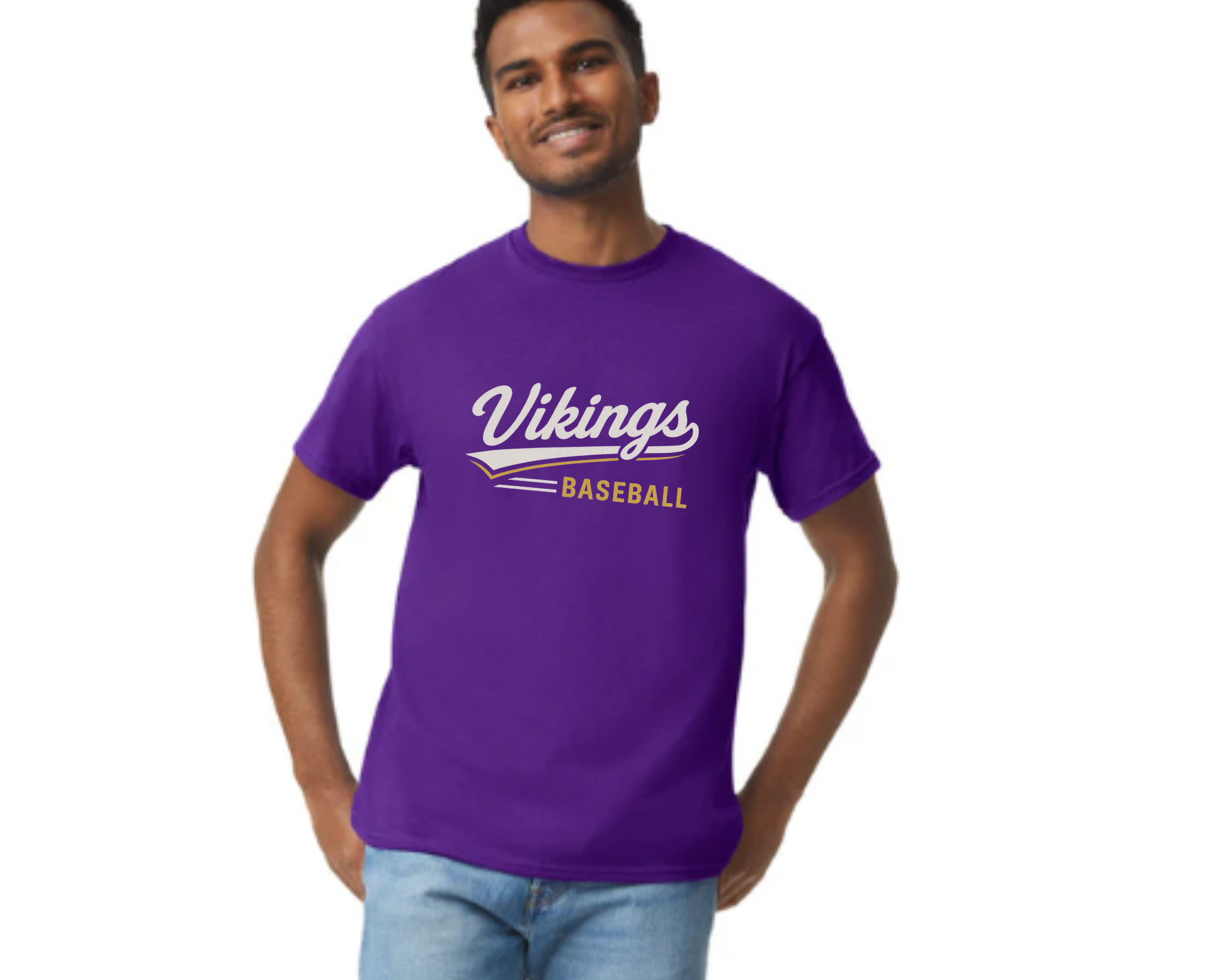 Vikings Baseball Swish Tail Tee | Classic Purple & Gold Team Shirt