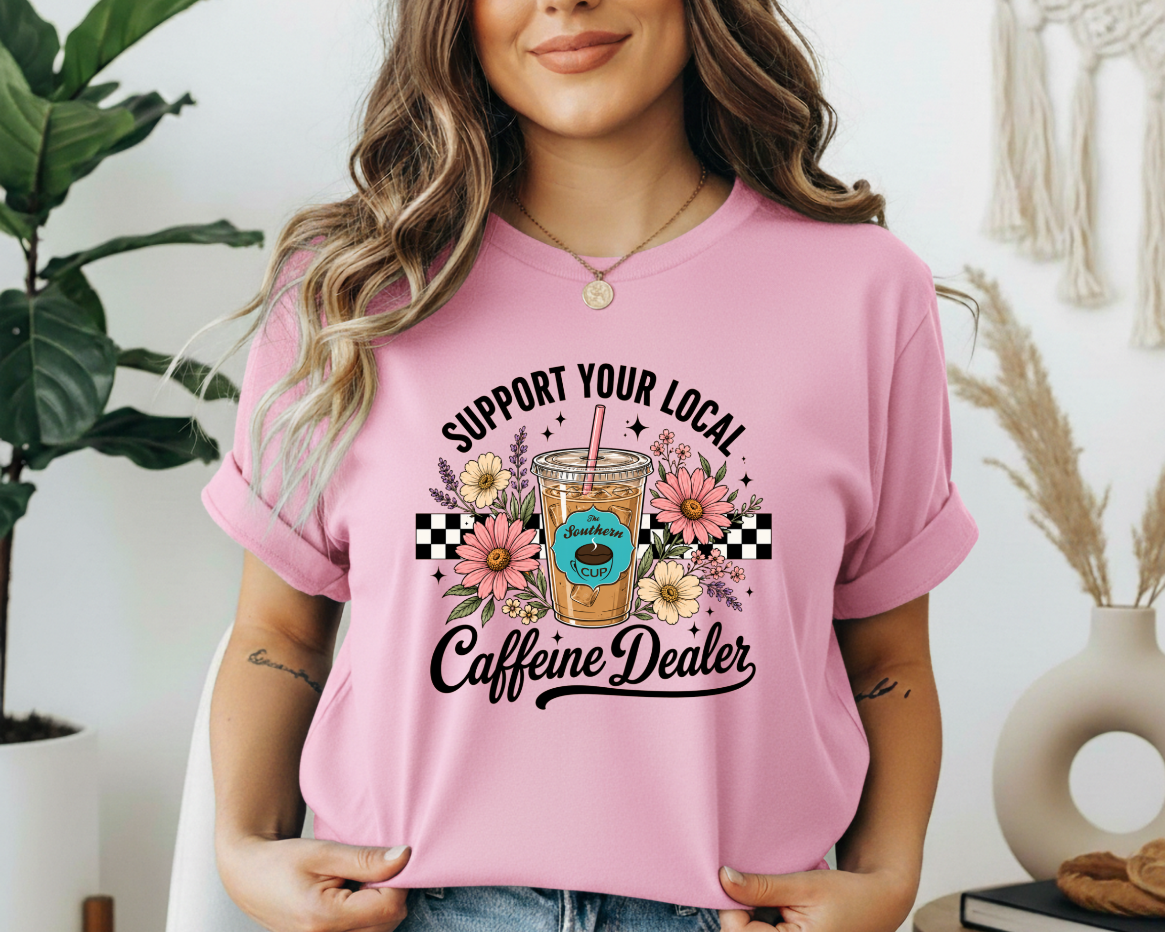 The Southern Cup Floral Caffeine Dealer Gildan Tee | Support Your Local Coffee Shop Shirt