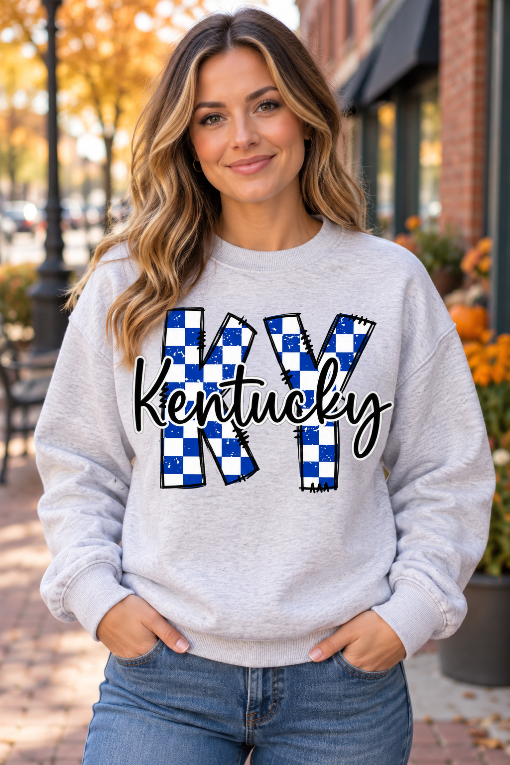 Kentucky KY Blue & White Checkered Graphic Sweatshirt | Kentucky Game Day Crewneck
