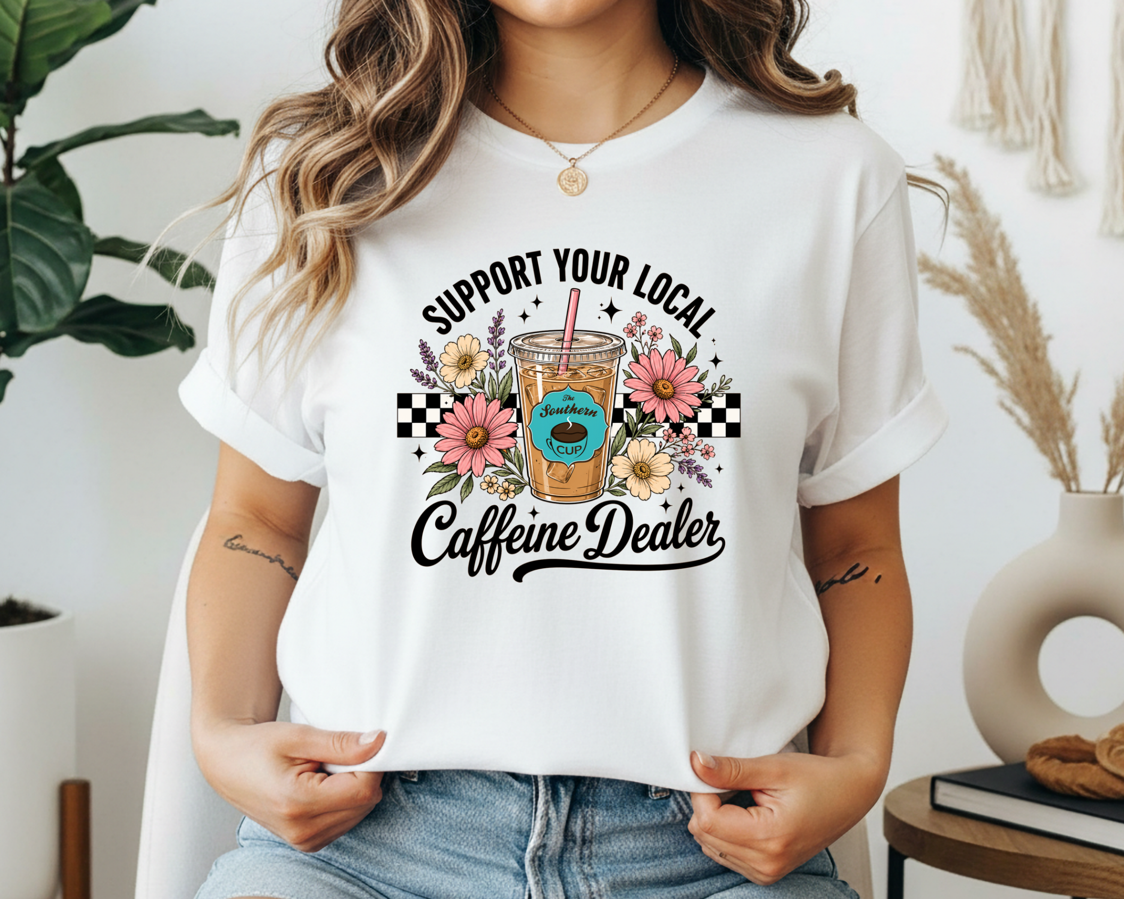 The Southern Cup Floral Caffeine Dealer Gildan Tee | Support Your Local Coffee Shop Shirt