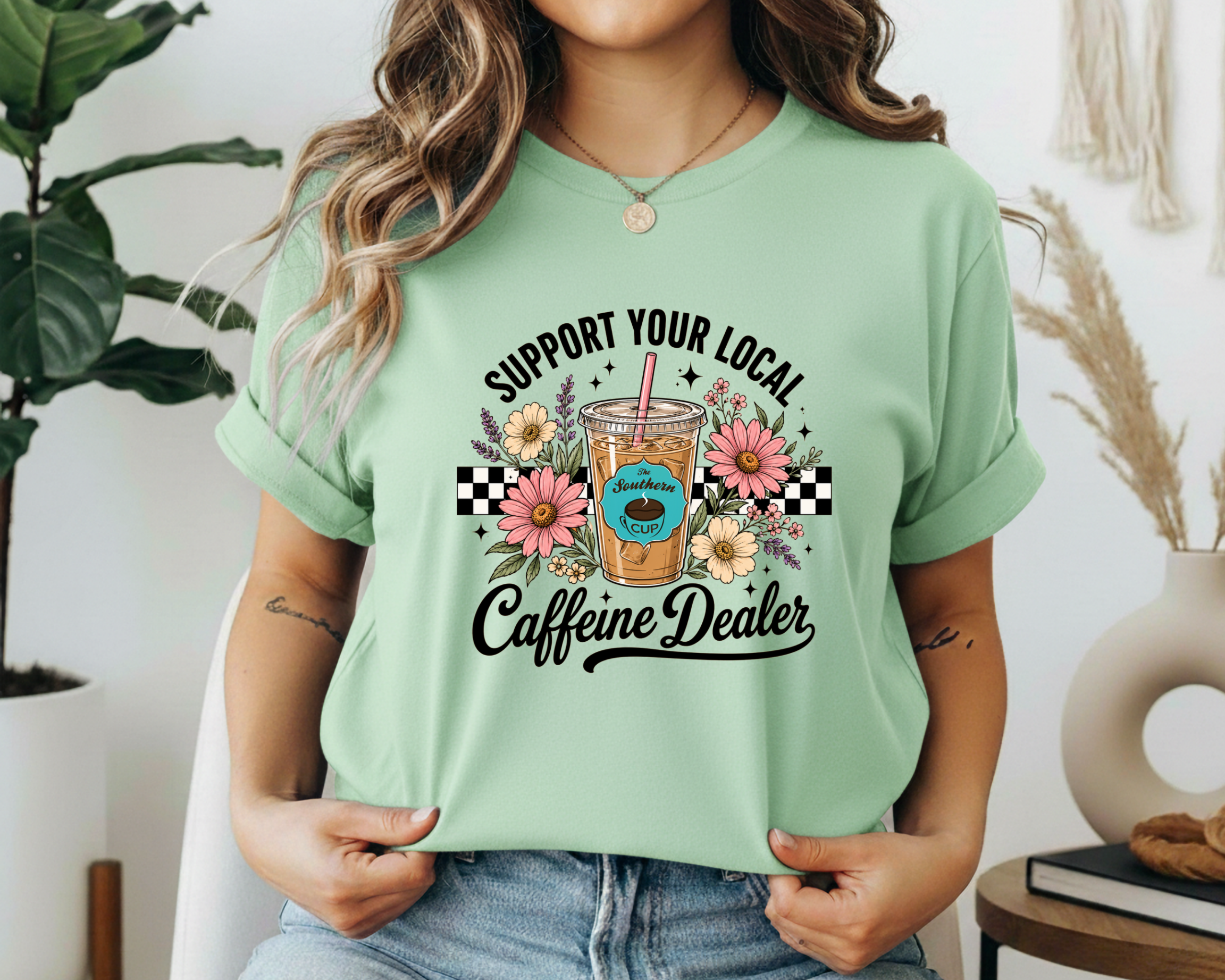 The Southern Cup Floral Caffeine Dealer Gildan Tee | Support Your Local Coffee Shop Shirt