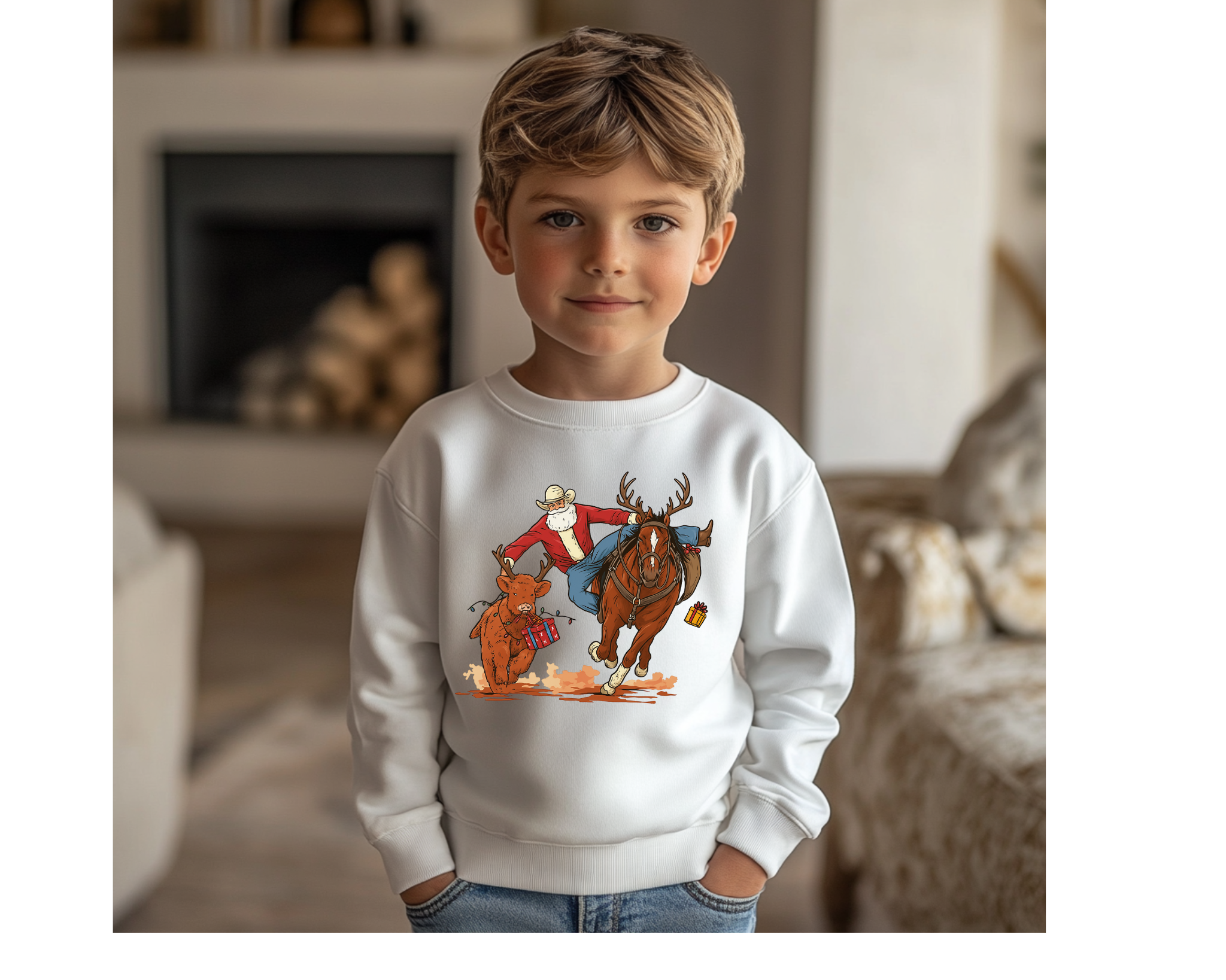 Kids Cowboy Santa & Highland Cow Christmas Sweatshirt | Western Holiday Crewneck | Santa Roping Highland Cow
