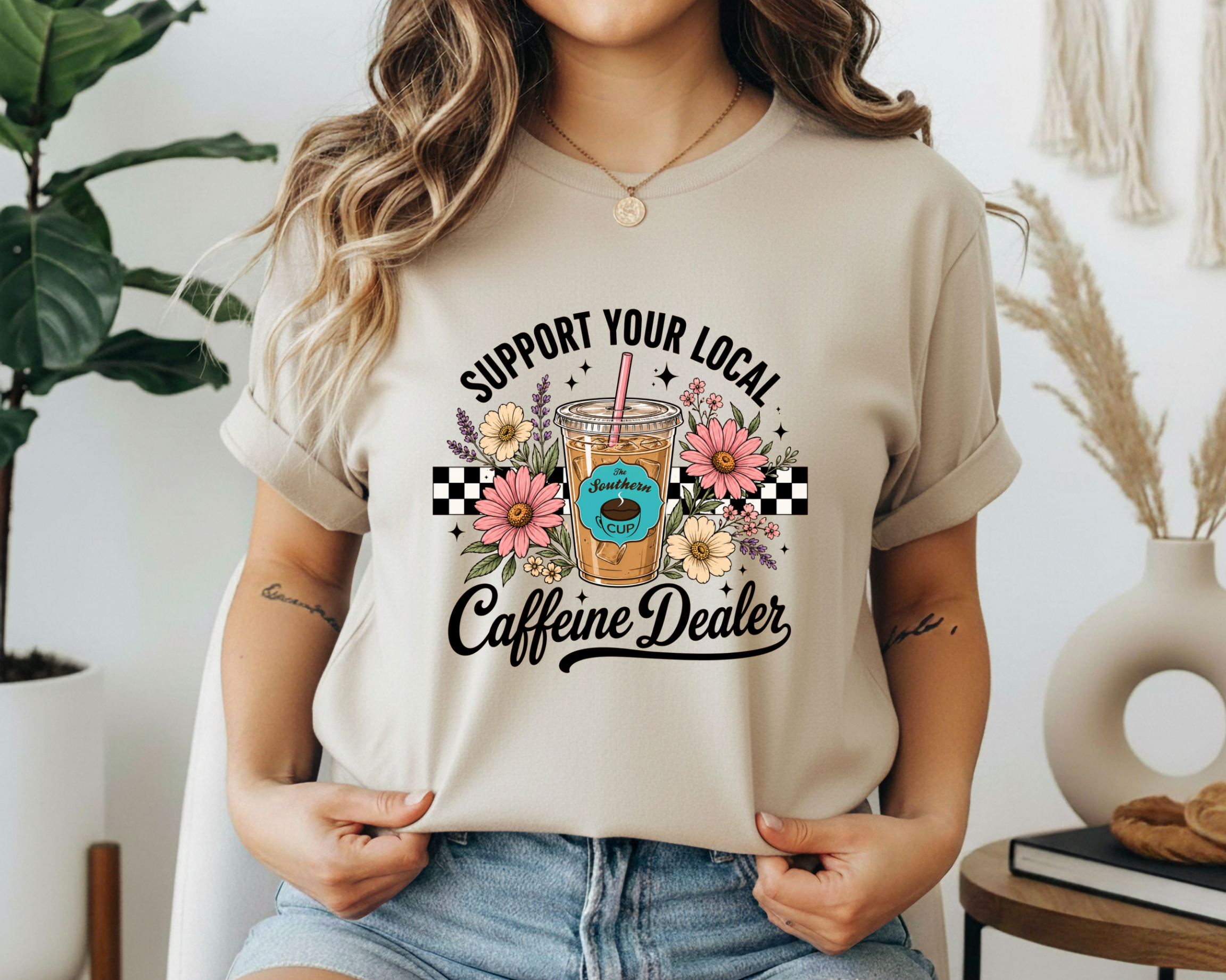 The Southern Cup Floral Caffeine Dealer Gildan Tee | Support Your Local Coffee Shop Shirt