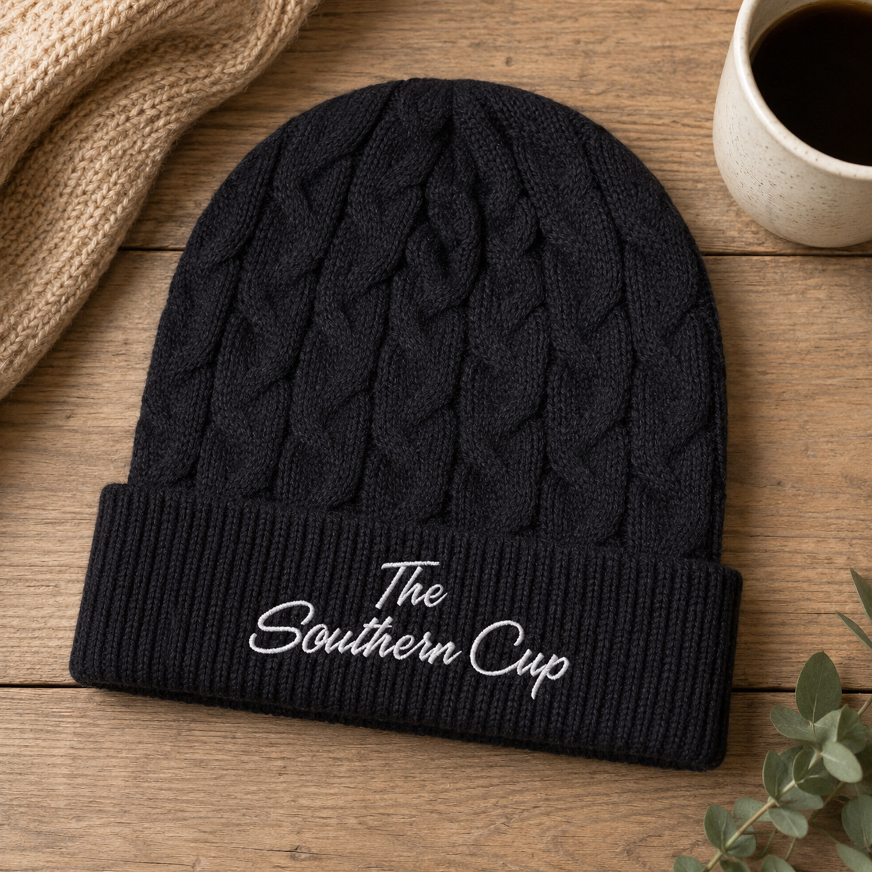 The Southern Cup White Script Embroidered Cable Knit Beanie | 12" Rib Cuff Winter Hat
