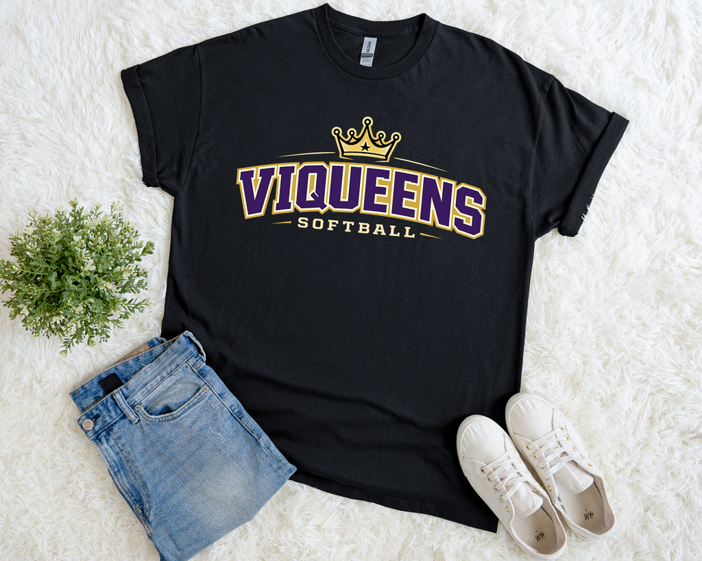 ViQueens Softball Black Tee | Crown Arch Front + Sue Enquist Quote Back (Purple + Gold)