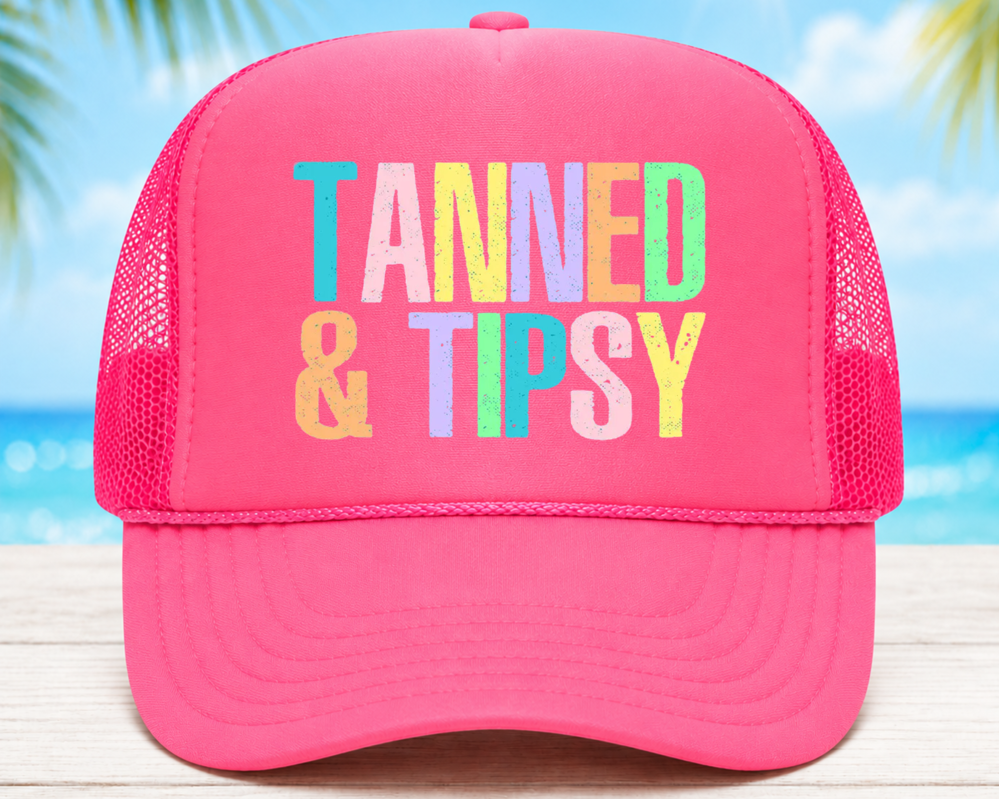 Tanned & Tipsy Foam Trucker Hat | Summer Party Graphic Mesh Cap | Bright Vacation Beach Hat