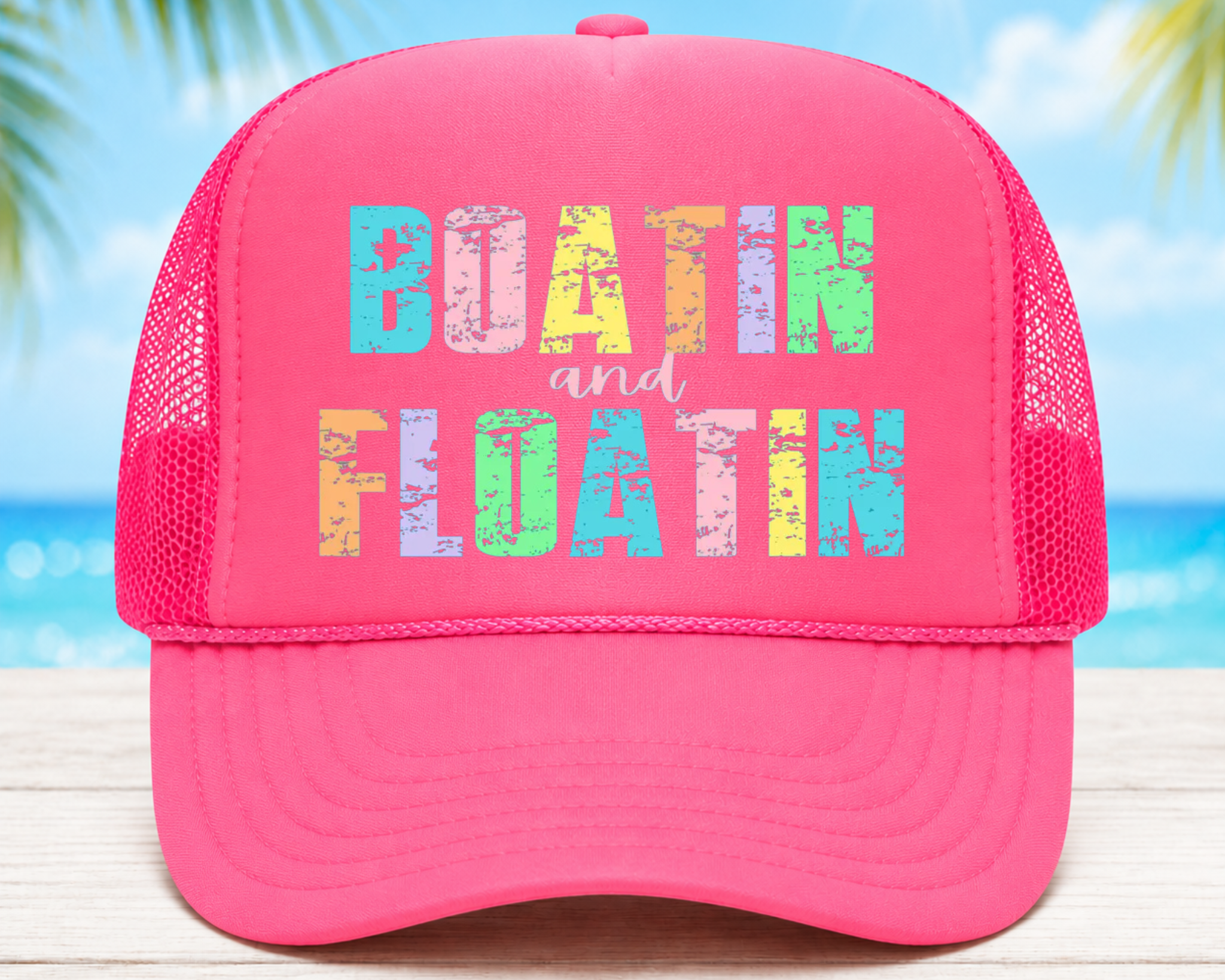 Boatin’ and Floatin’ Foam Trucker Hat | Summer Lake Graphic Mesh Cap | Boat Day Vacation Hat