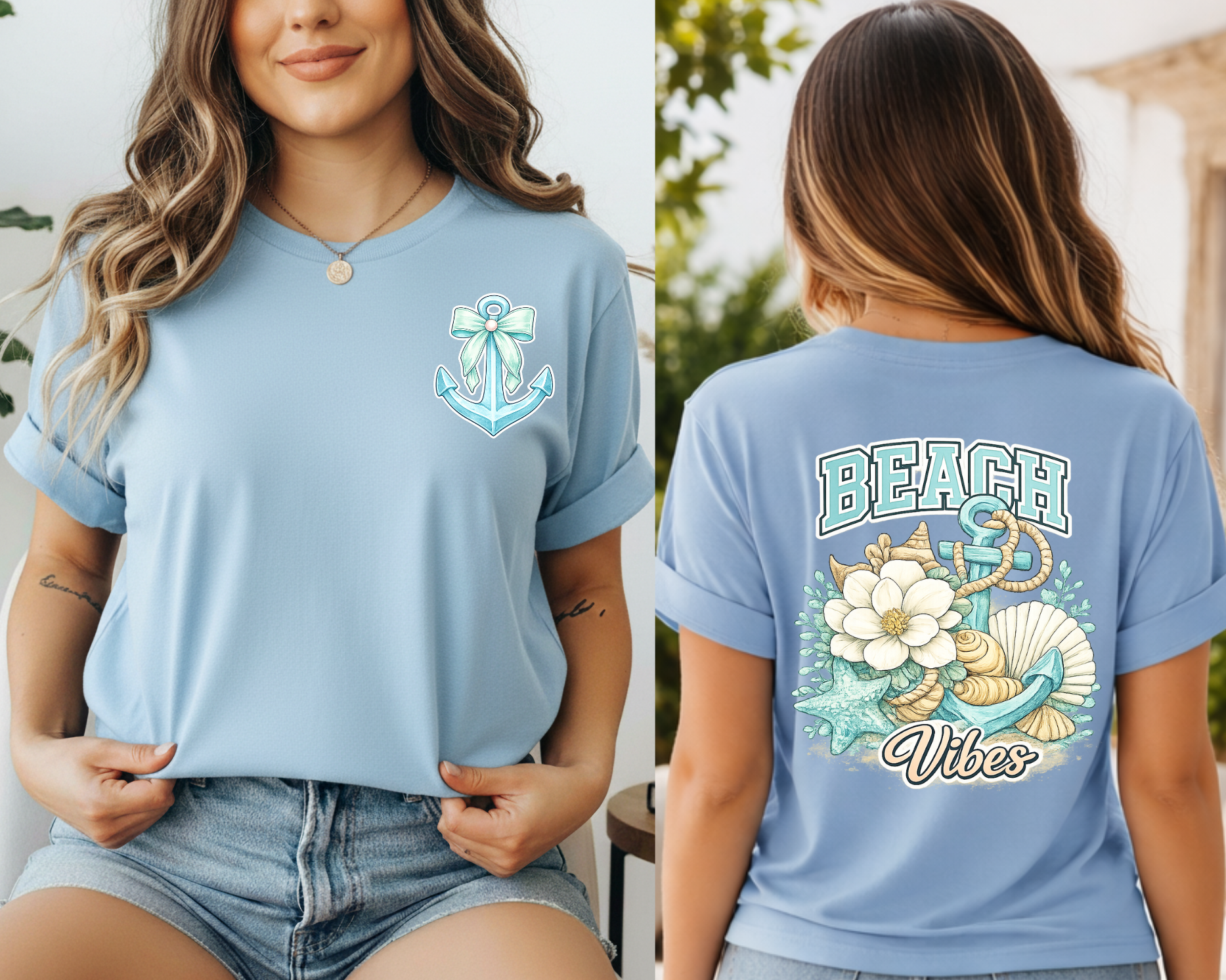 Light blue t-shirt with beach-themed designs on a person outdoors.