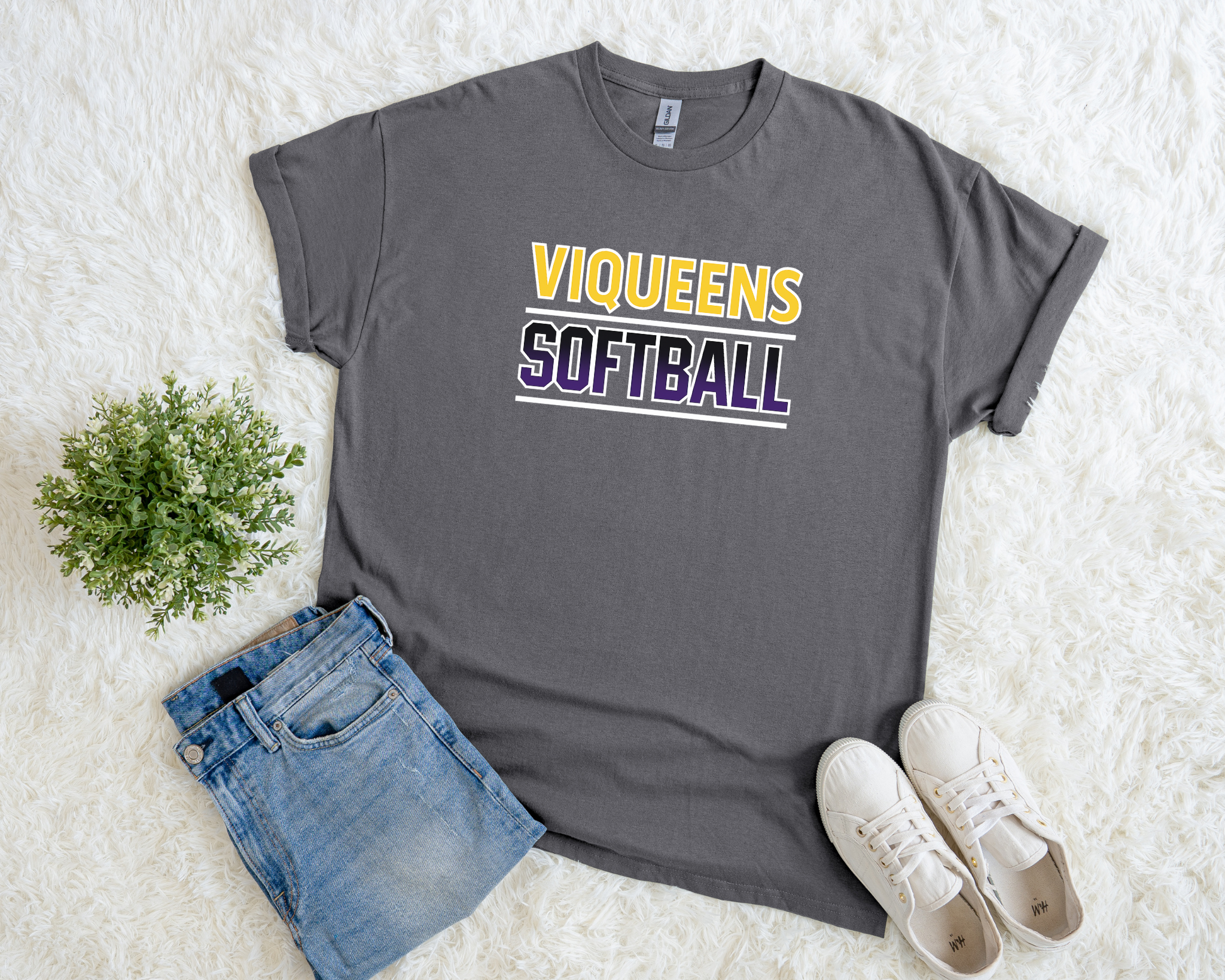 Viqueens Softball T-Shirt | Purple & Yellow Block Letter Tee