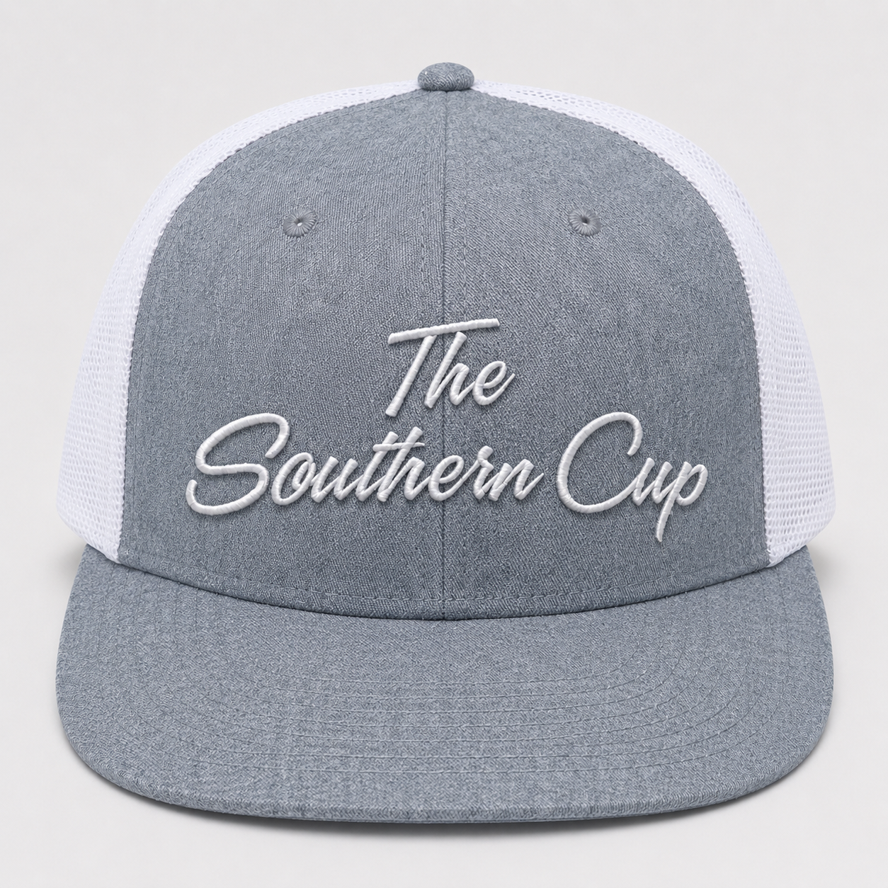 Southern Cup Script Logo Embroidered Black Mesh Trucker Hat | OTTO CAP® 6 Panel Snapback