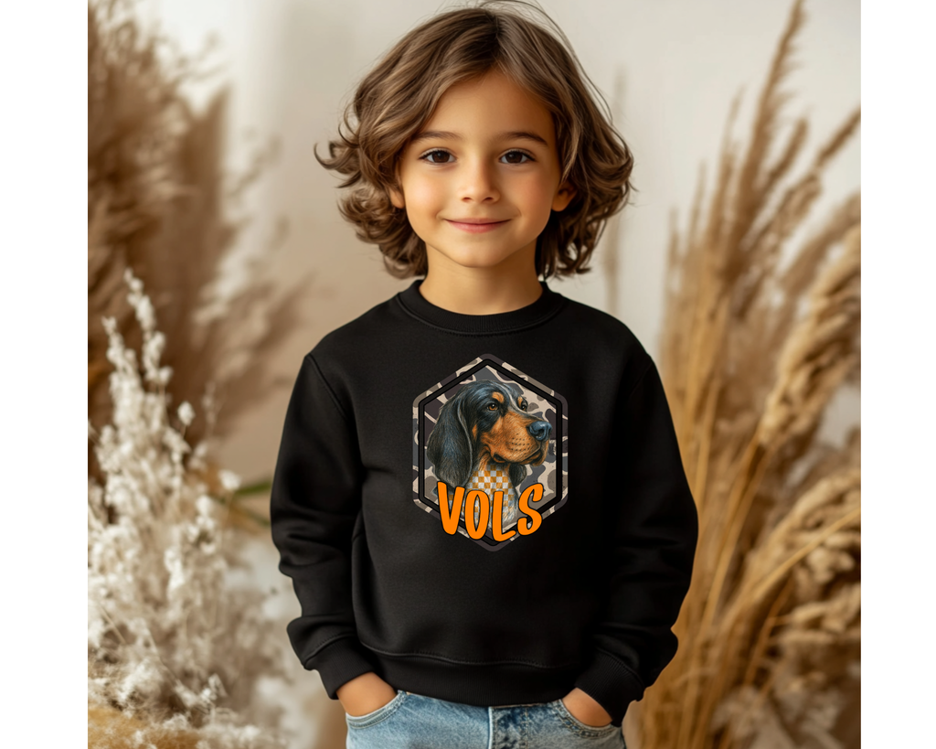 Youth Camo Smokey VOLS Sweatshirt | Kids Tennessee Game Day Crewneck | Checkerboard Smokey Vols Pullover