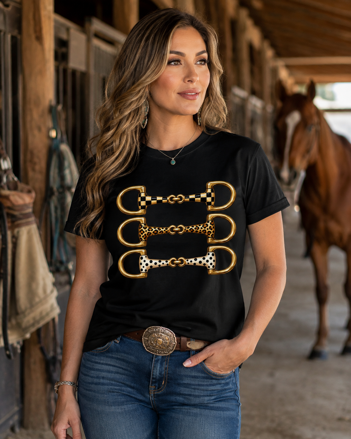 Gold Horse Bit Graphic Tee - Western Boutique Shirt - Gildan Unisex Fit Cowgirl Tee