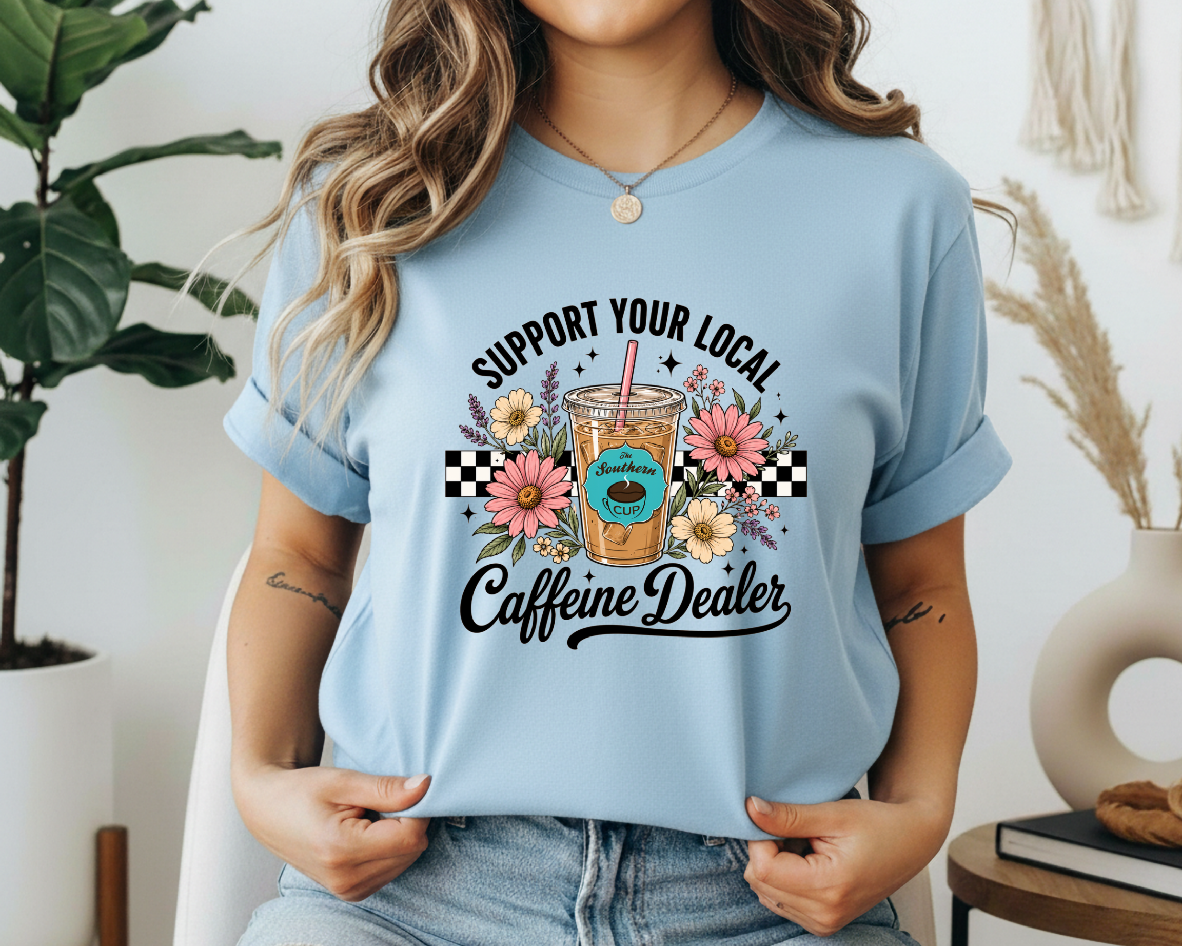 The Southern Cup Floral Caffeine Dealer Gildan Tee | Support Your Local Coffee Shop Shirt