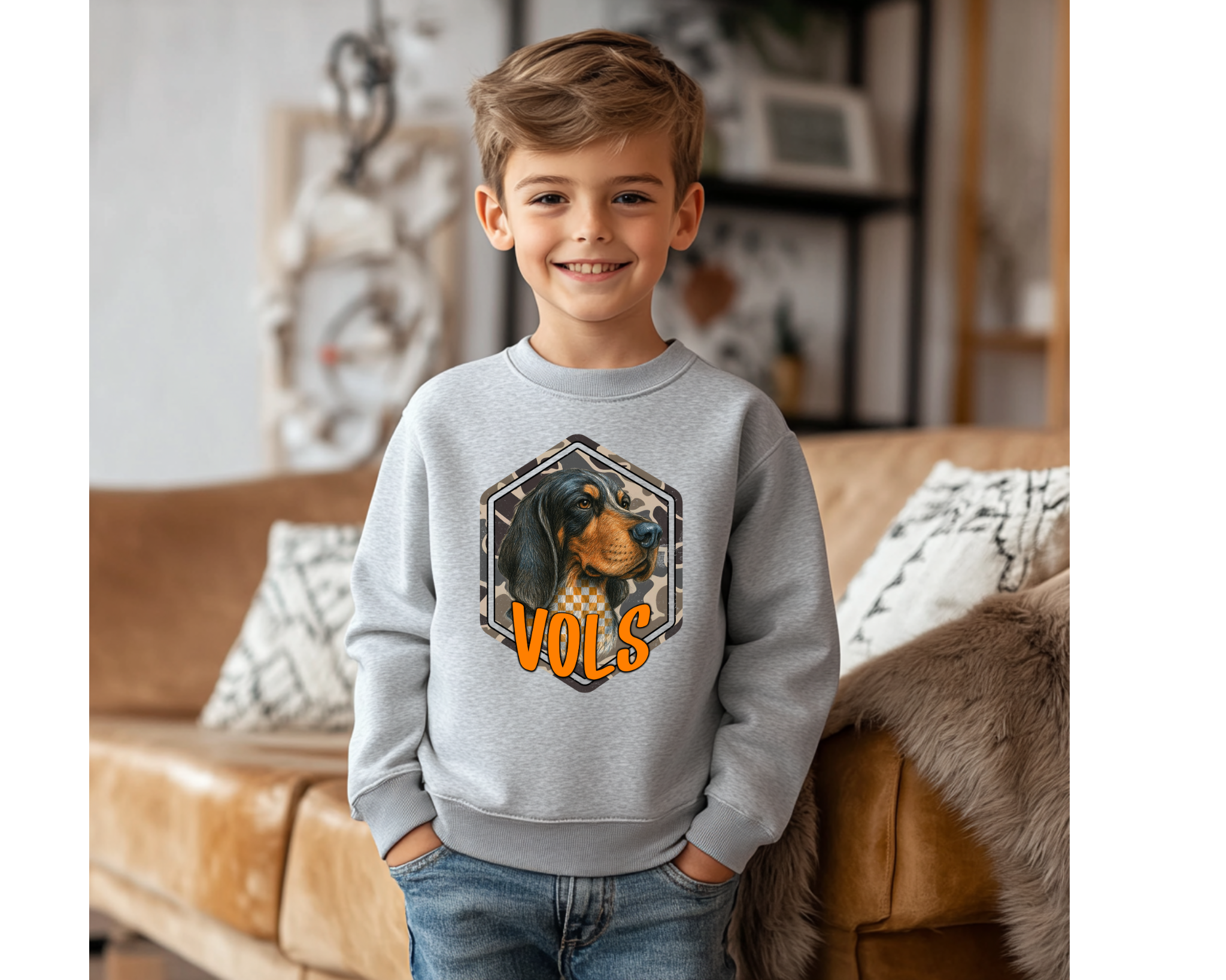 Youth Camo Smokey VOLS Sweatshirt | Kids Tennessee Game Day Crewneck | Checkerboard Smokey Vols Pullover