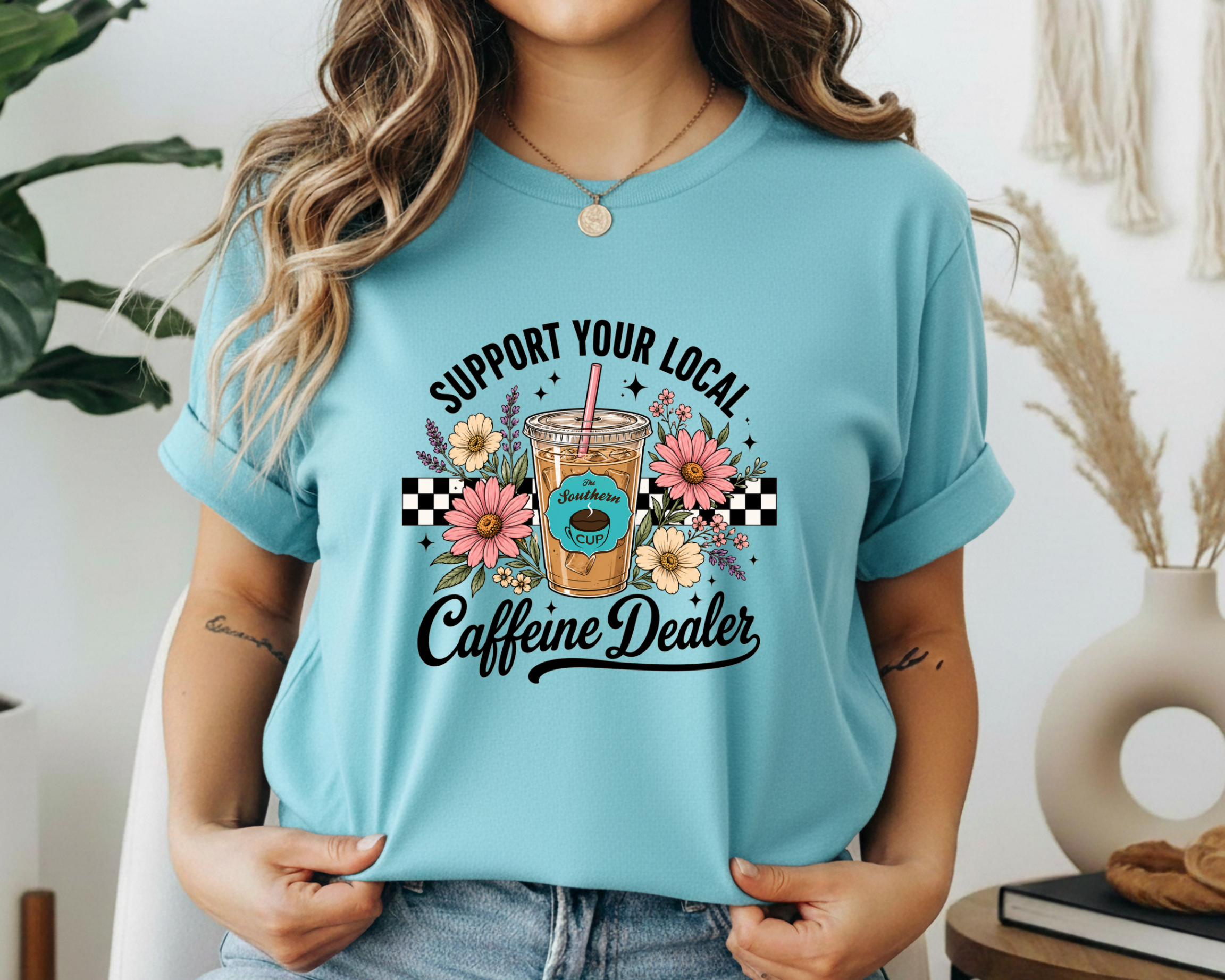 The Southern Cup Floral Caffeine Dealer Gildan Tee | Support Your Local Coffee Shop Shirt