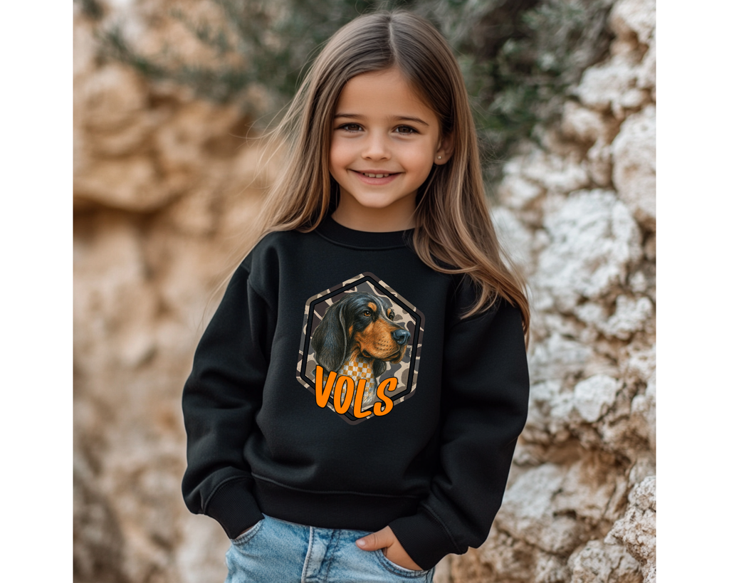 Youth Camo Smokey VOLS Sweatshirt | Kids Tennessee Game Day Crewneck | Checkerboard Smokey Vols Pullover