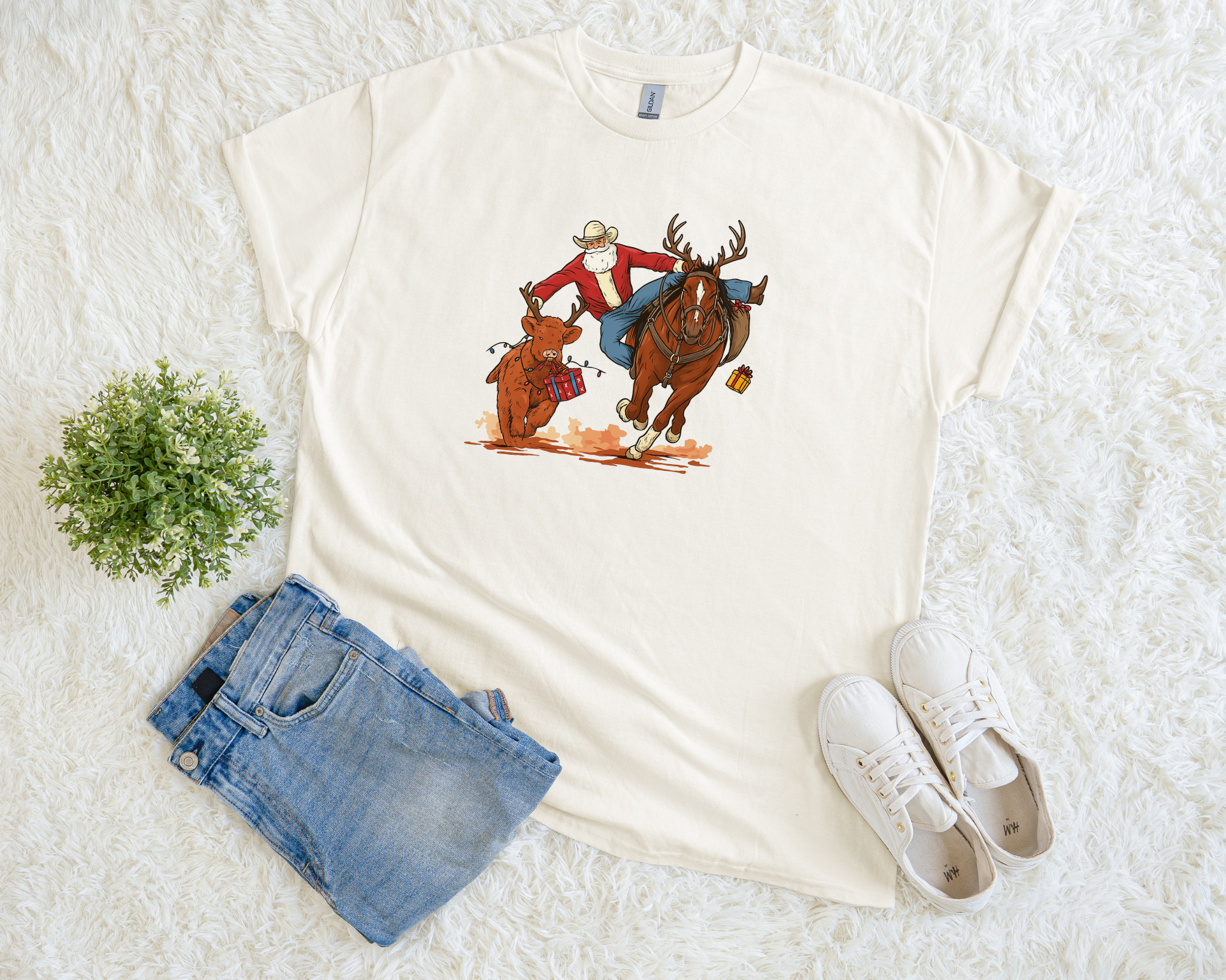 Cowboy Santa Western Christmas T-Shirt | Rodeo Holiday Tee | Santa Roping Highland Cow Graphic Shirt