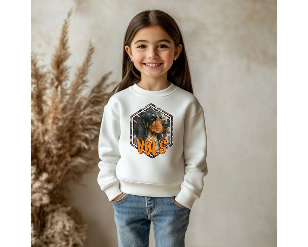Youth Camo Smokey VOLS Sweatshirt | Kids Tennessee Game Day Crewneck | Checkerboard Smokey Vols Pullover