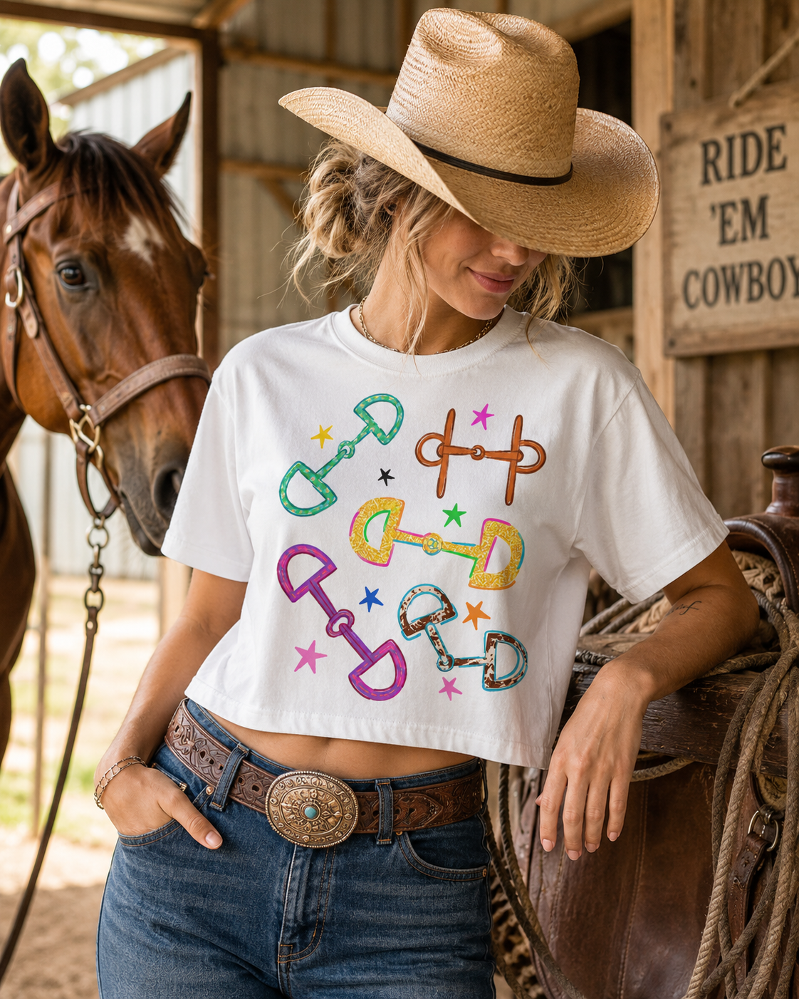 Western Horsebit Boxy Tee - Women’s Fine Jersey Mid-Length Graphic Tee - Boutique Cowgirl Shirt