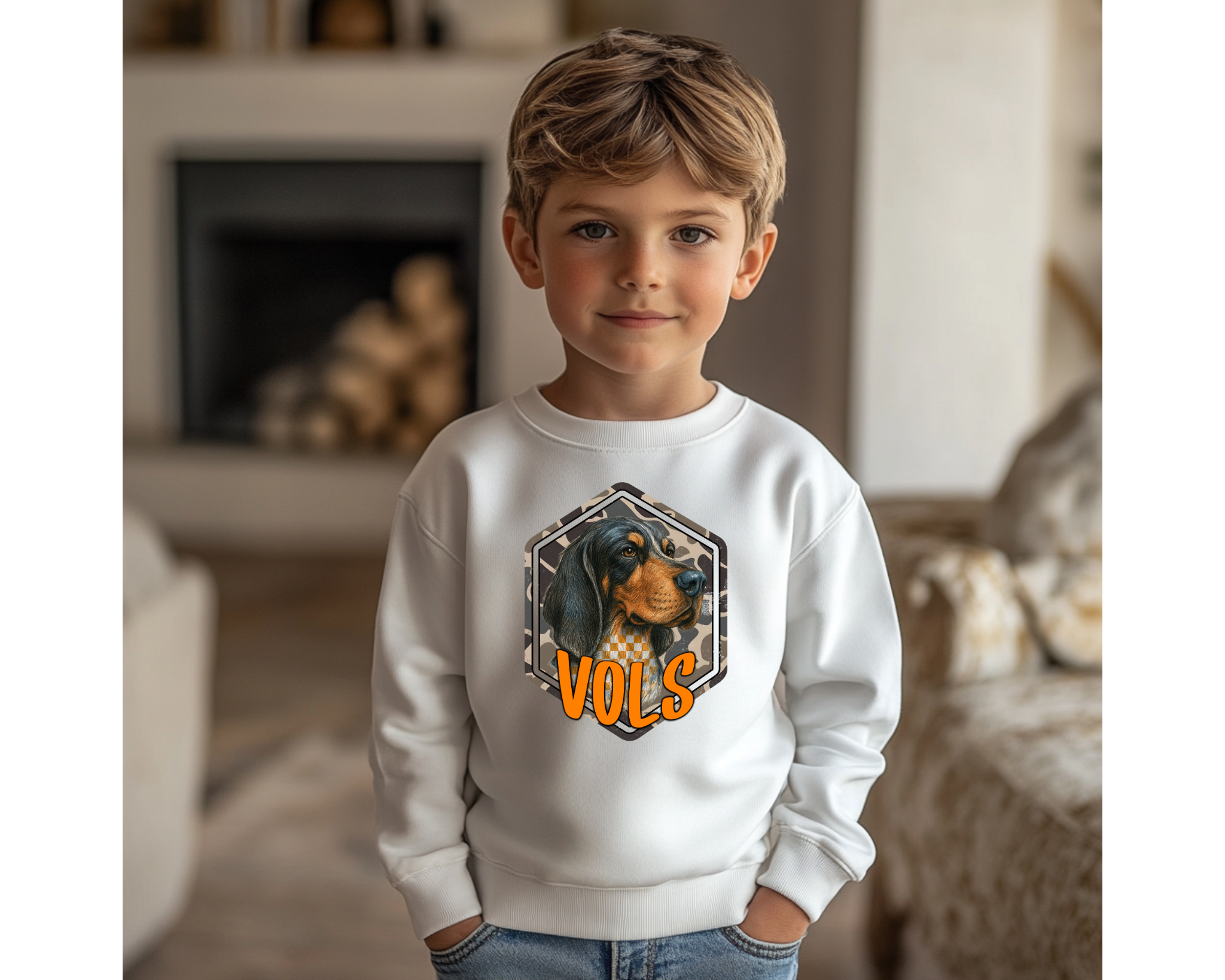 Youth Camo Smokey VOLS Sweatshirt | Kids Tennessee Game Day Crewneck | Checkerboard Smokey Vols Pullover