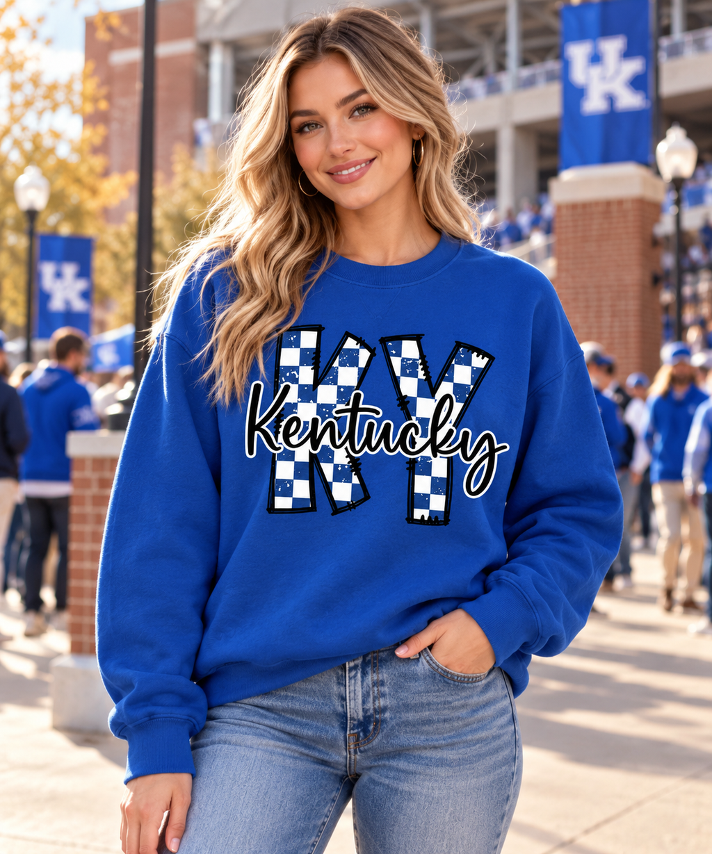 Kentucky Blue Checkered KY Graphic Sweatshirt | Premium Royal Blue Game Day Crewneck | Boutique Spirit Wear