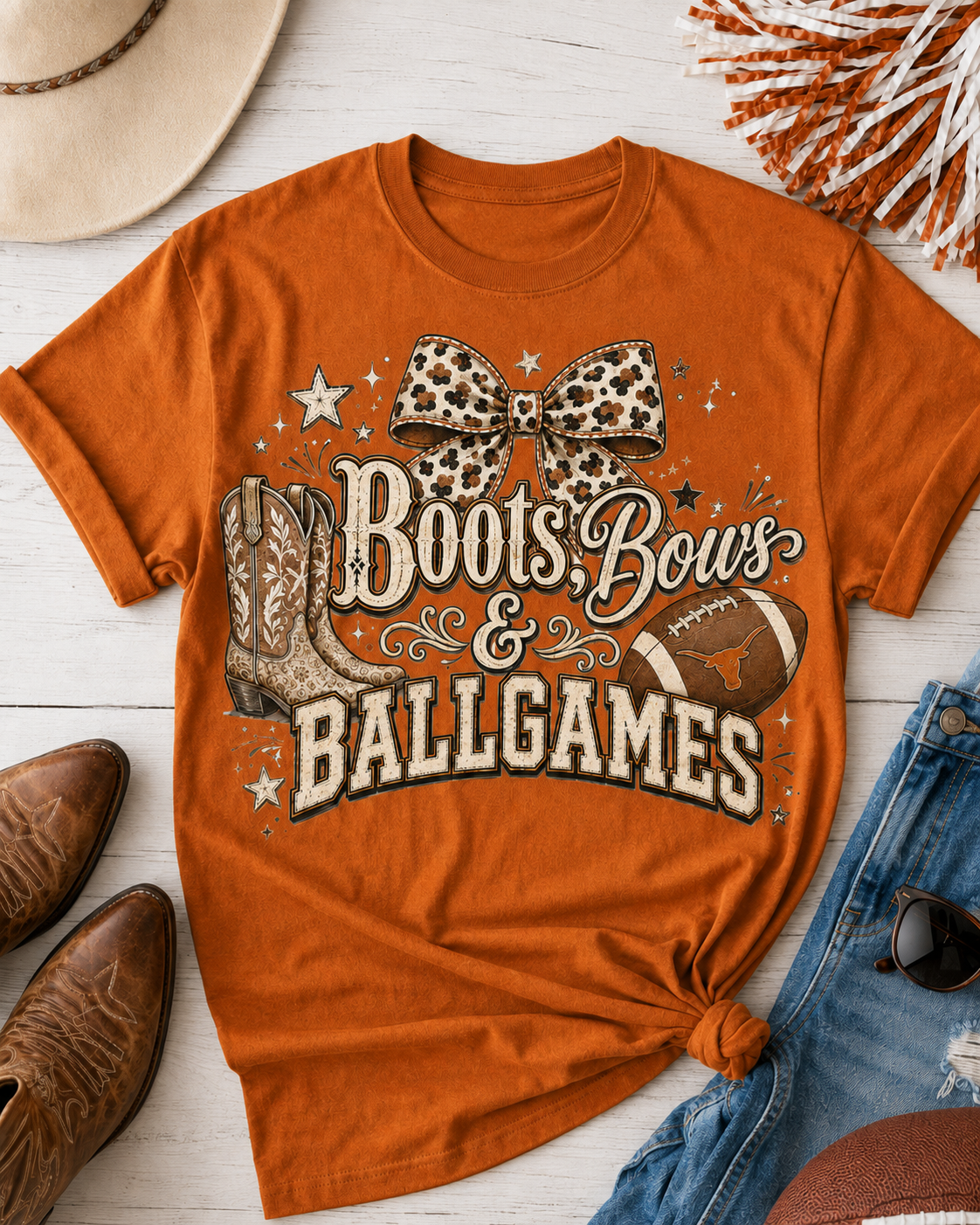 Boots Bows and Ballgames Graphic Tee - Texas Game Day Shirt - Orange Football Tailgate Tee - Western Boutique Tee