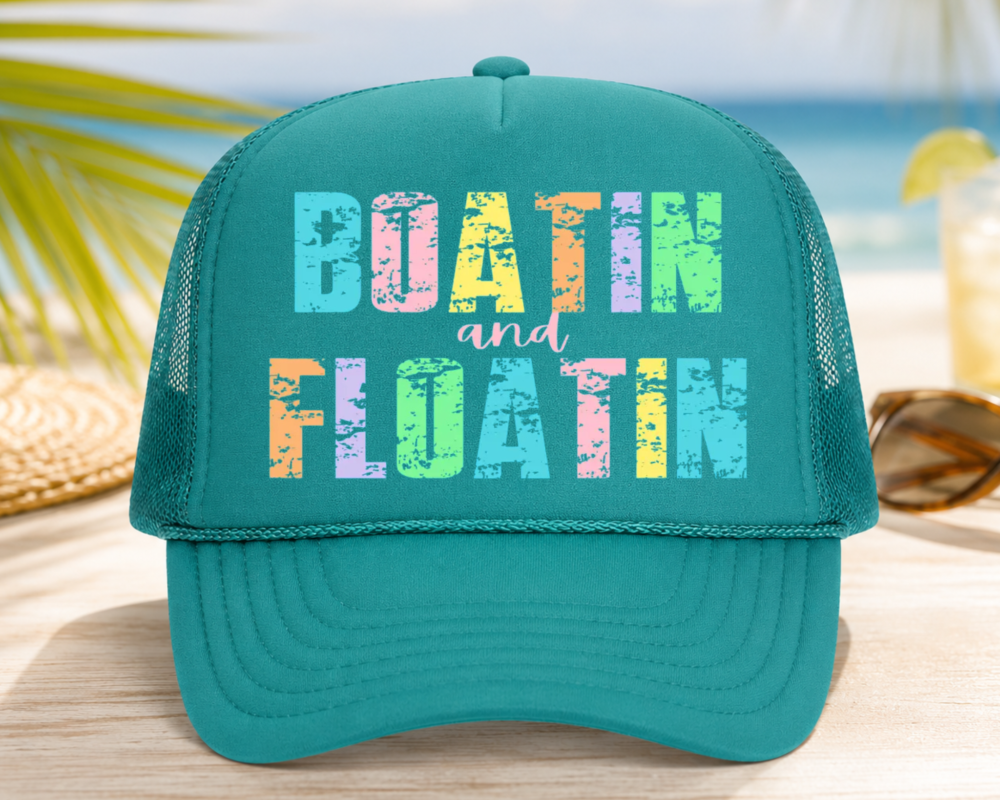 Boatin’ and Floatin’ Foam Trucker Hat | Summer Lake Graphic Mesh Cap | Boat Day Vacation Hat