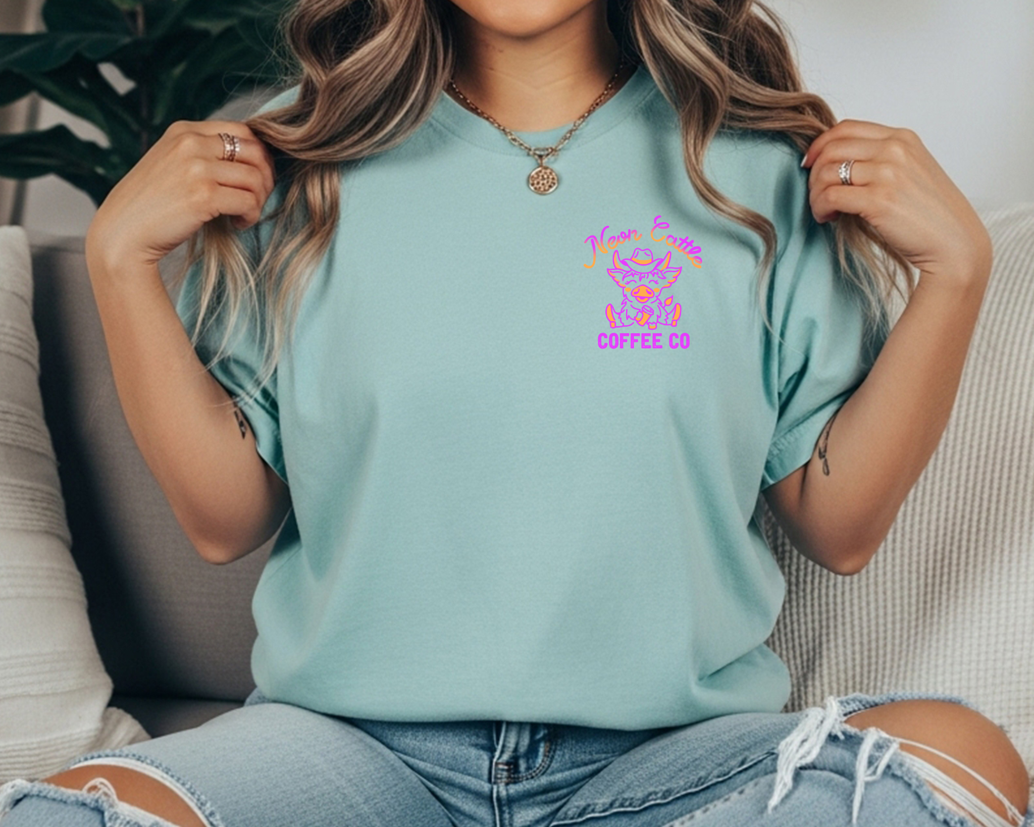 Neon Cattle Co Comfort Colors front pocket logo tee