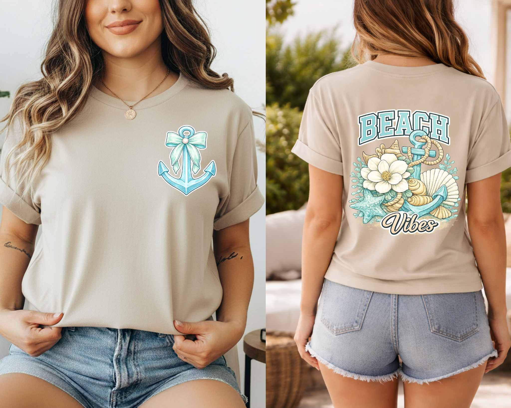 Beige t-shirt with anchor design on front and 'Beach Vibes' design on back, worn by a person.