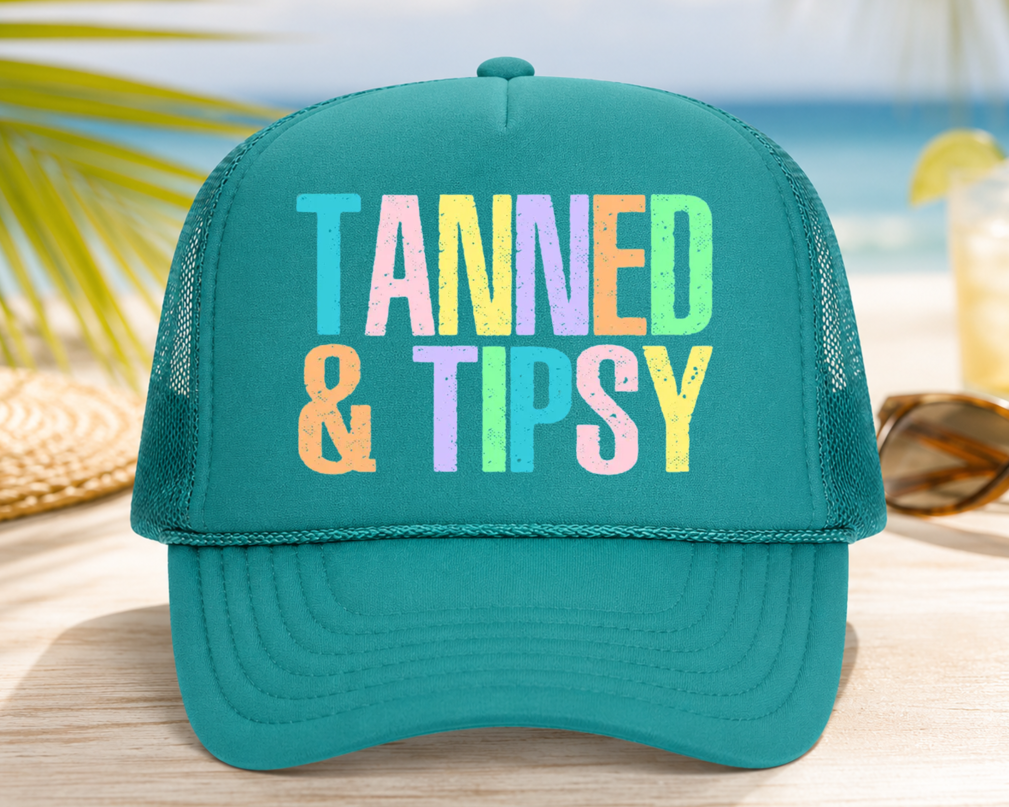 Tanned & Tipsy Foam Trucker Hat | Summer Party Graphic Mesh Cap | Bright Vacation Beach Hat