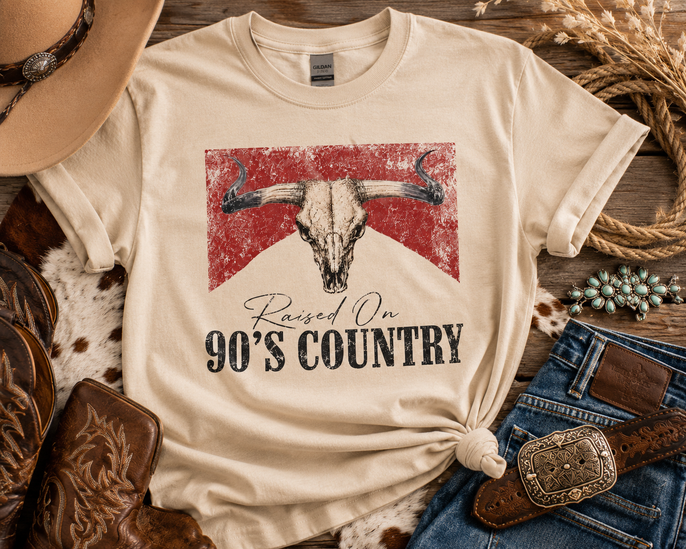 Youth Raised on 90's Country Graphic Tee - Kids Western Cow Skull Shirt - Exclusive Boutique Design - Gildan Youth Tee